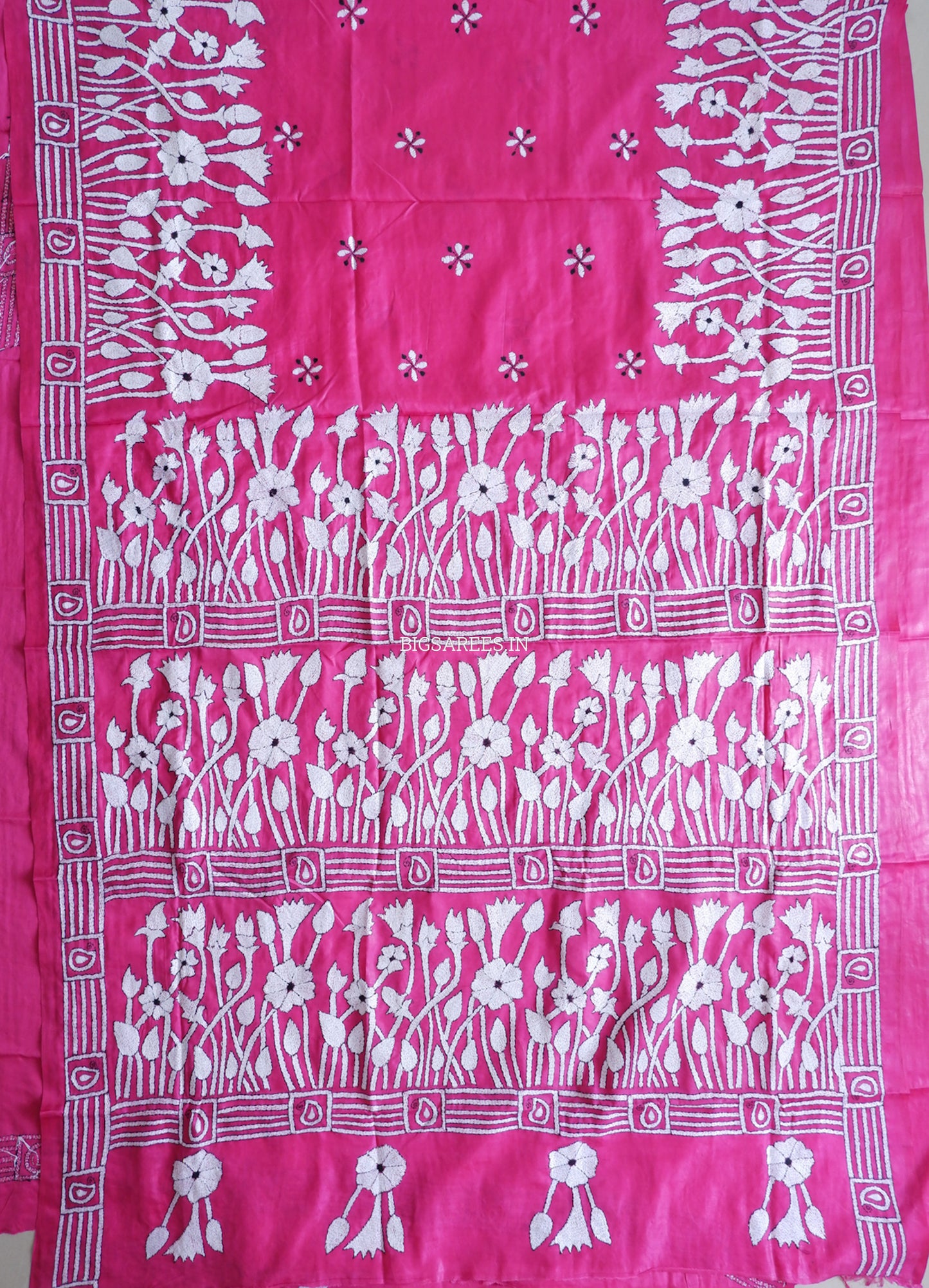 Kantha Stitch Hand Embroidered Saree | Blended Bangalore Silk / Art Silk | Pink