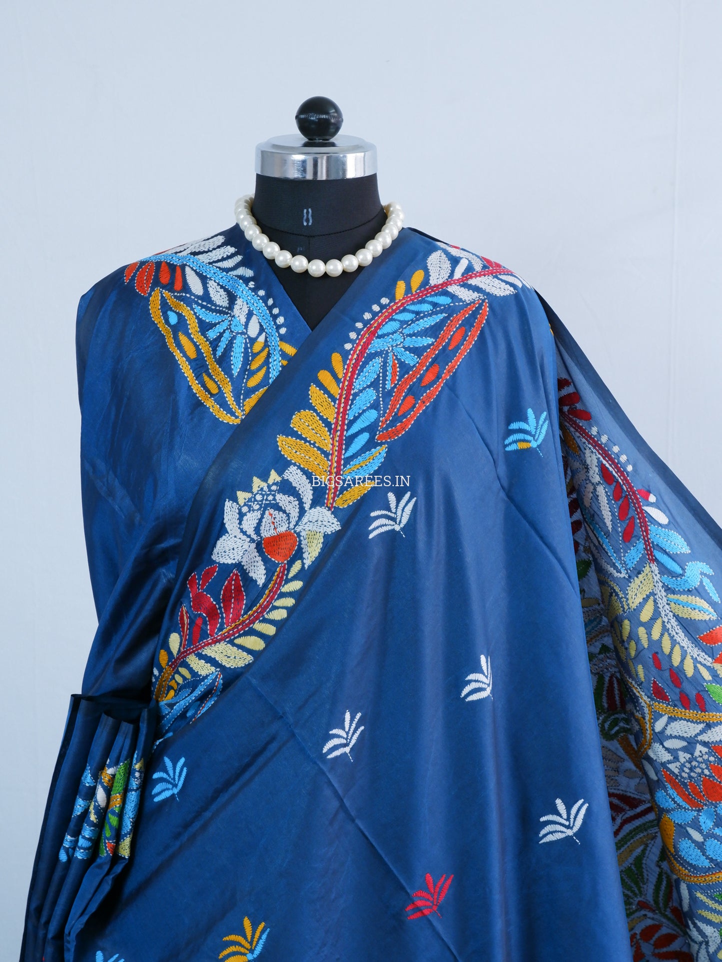 Kantha Stitch Hand Embroidered Saree | Blended Bangalore Silk / Art Silk | Royal Azure Blue