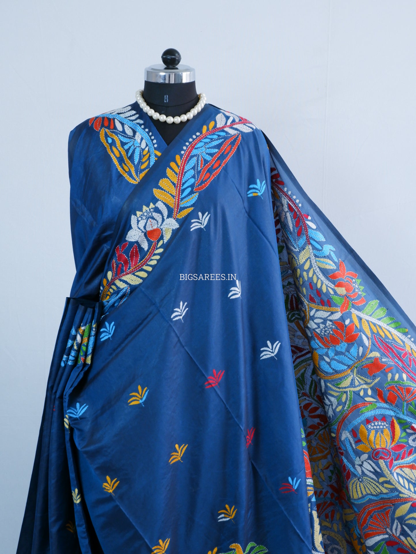Kantha Stitch Hand Embroidered Saree | Blended Bangalore Silk / Art Silk | Royal Azure Blue