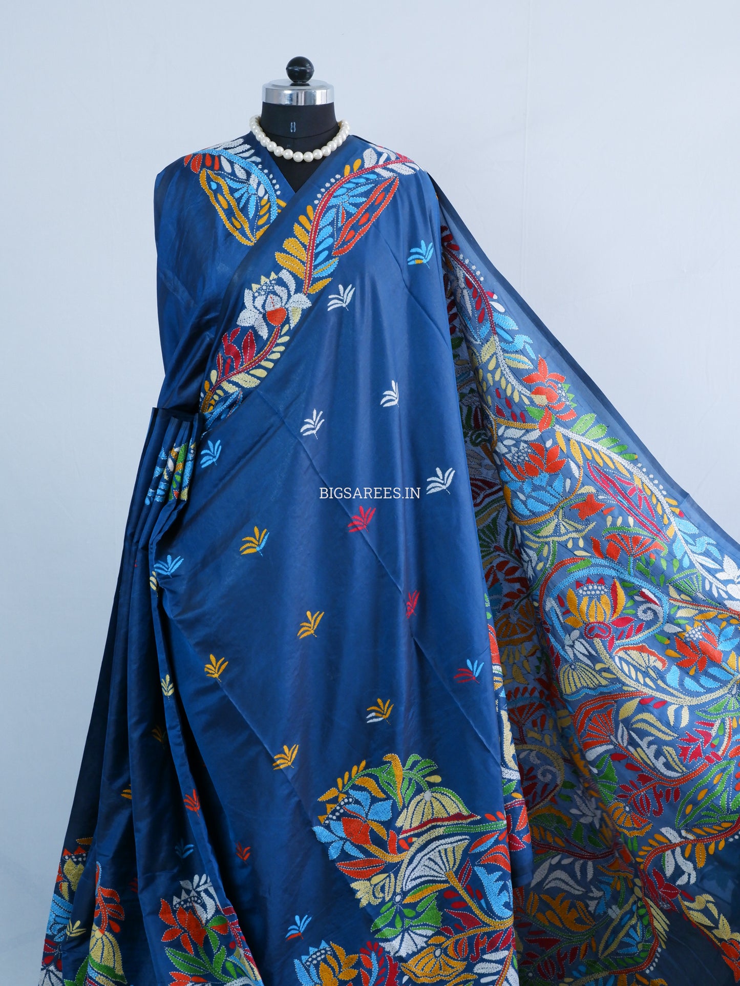 Kantha Stitch Hand Embroidered Saree | Blended Bangalore Silk / Art Silk | Royal Azure Blue