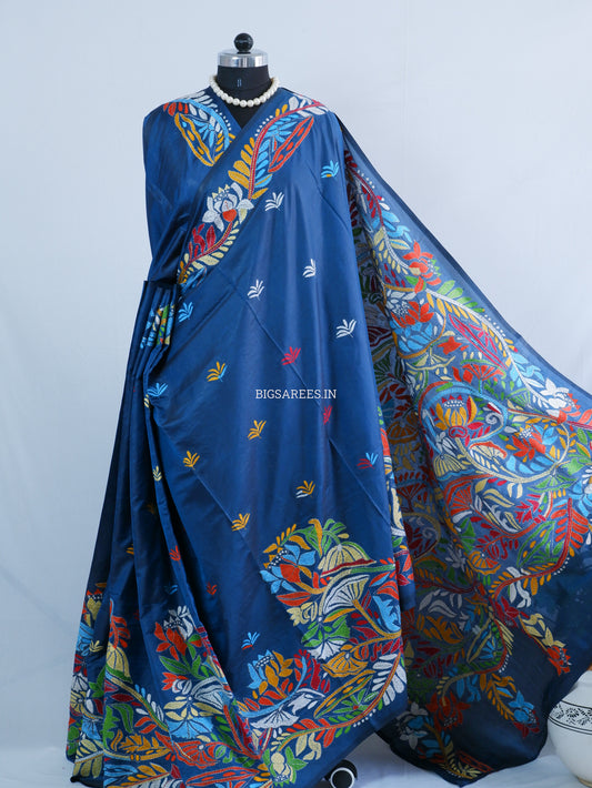 Kantha Stitch Hand Embroidered Saree | Blended Bangalore Silk / Art Silk | Royal Azure Blue