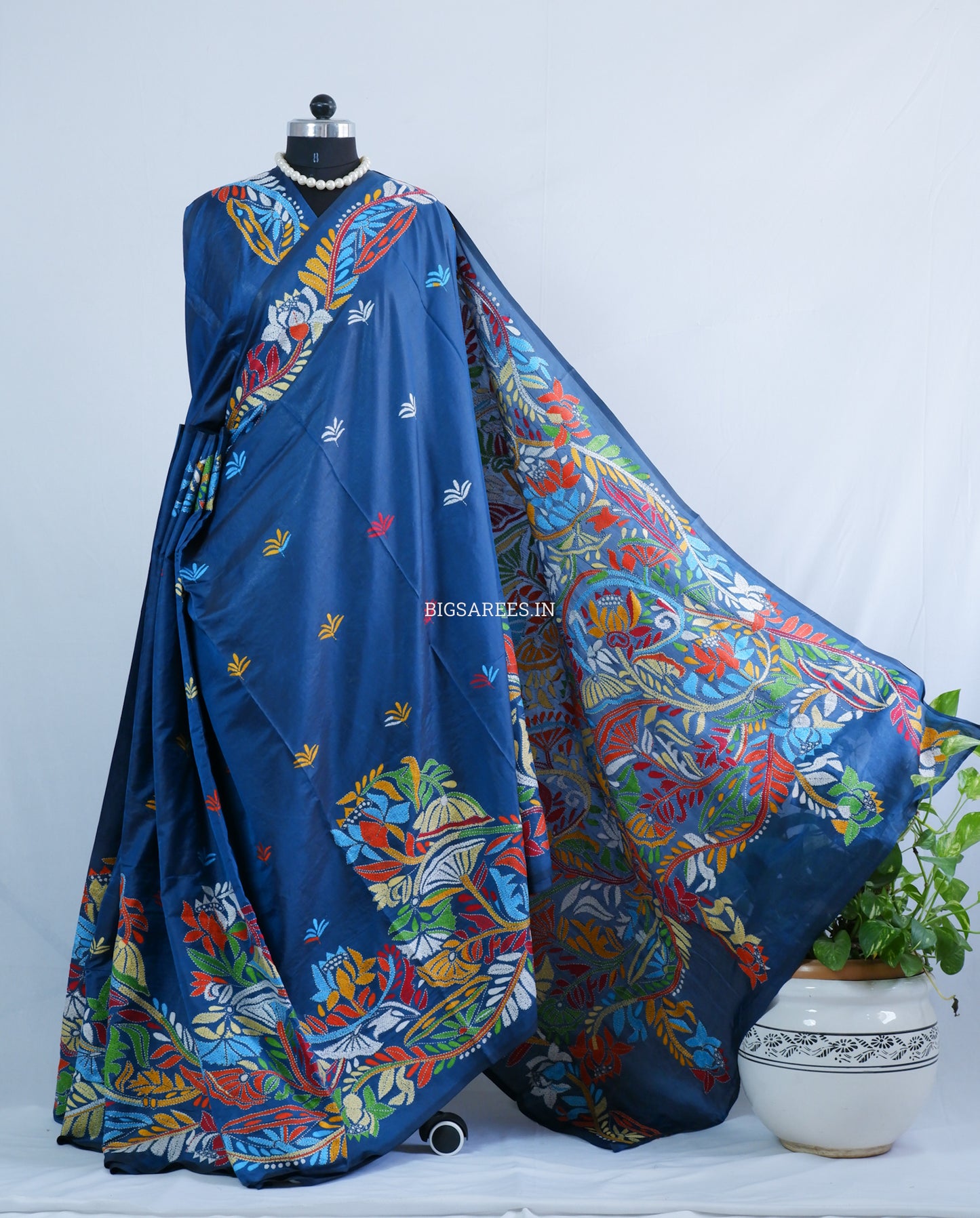 Kantha Stitch Hand Embroidered Saree | Blended Bangalore Silk / Art Silk | Royal Azure Blue