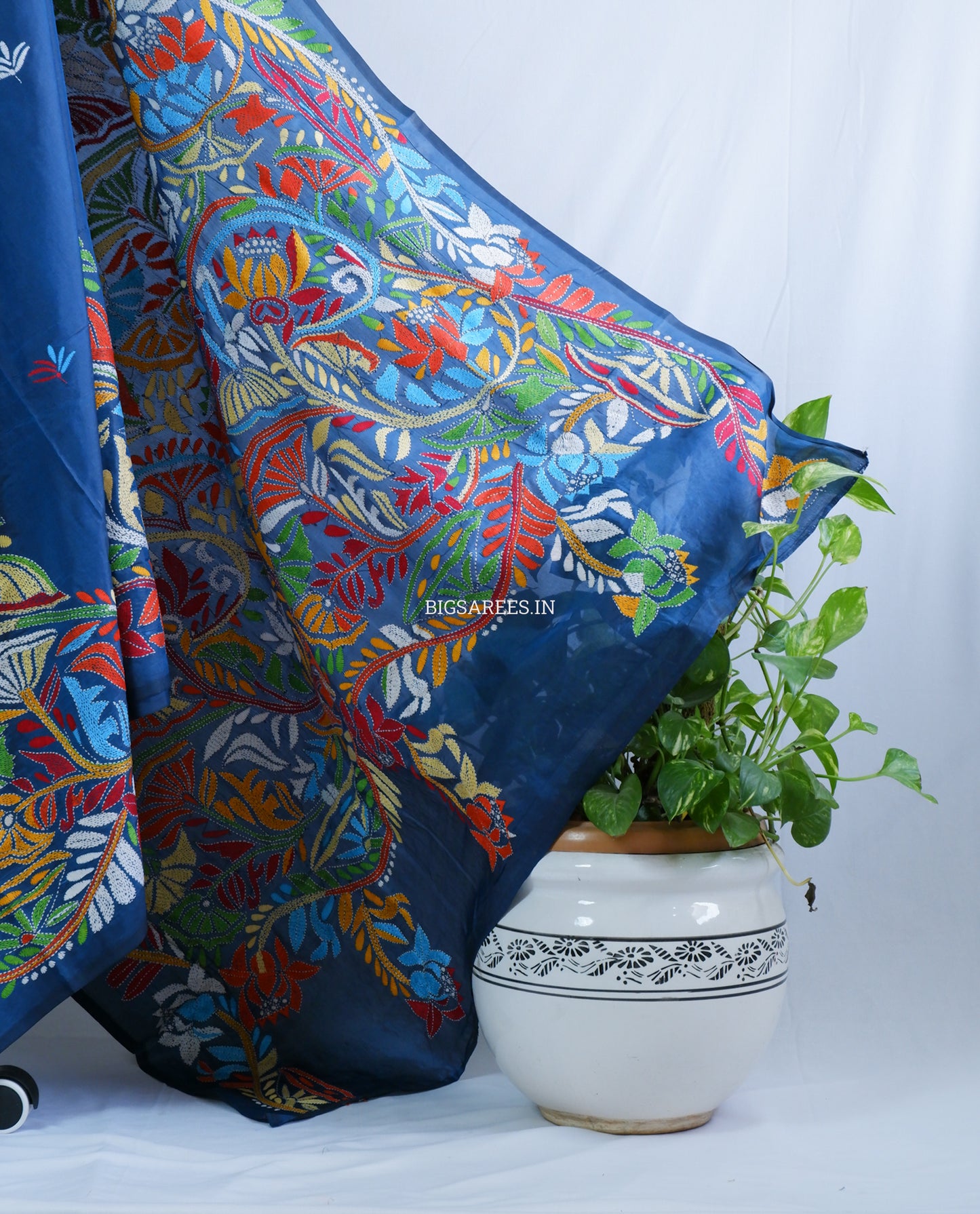 Kantha Stitch Hand Embroidered Saree | Blended Bangalore Silk / Art Silk | Royal Azure Blue