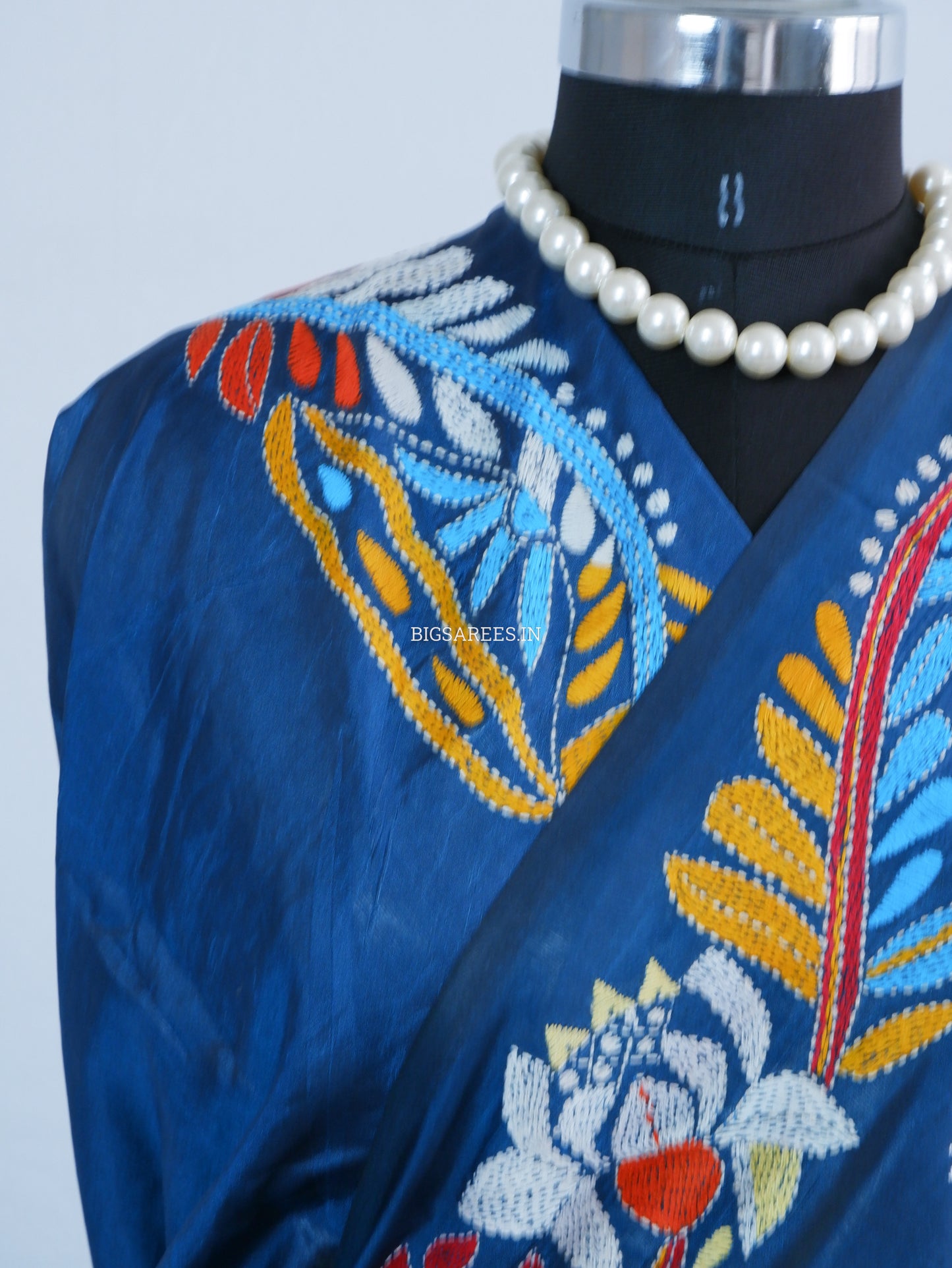 Kantha Stitch Hand Embroidered Saree | Blended Bangalore Silk / Art Silk | Royal Azure Blue