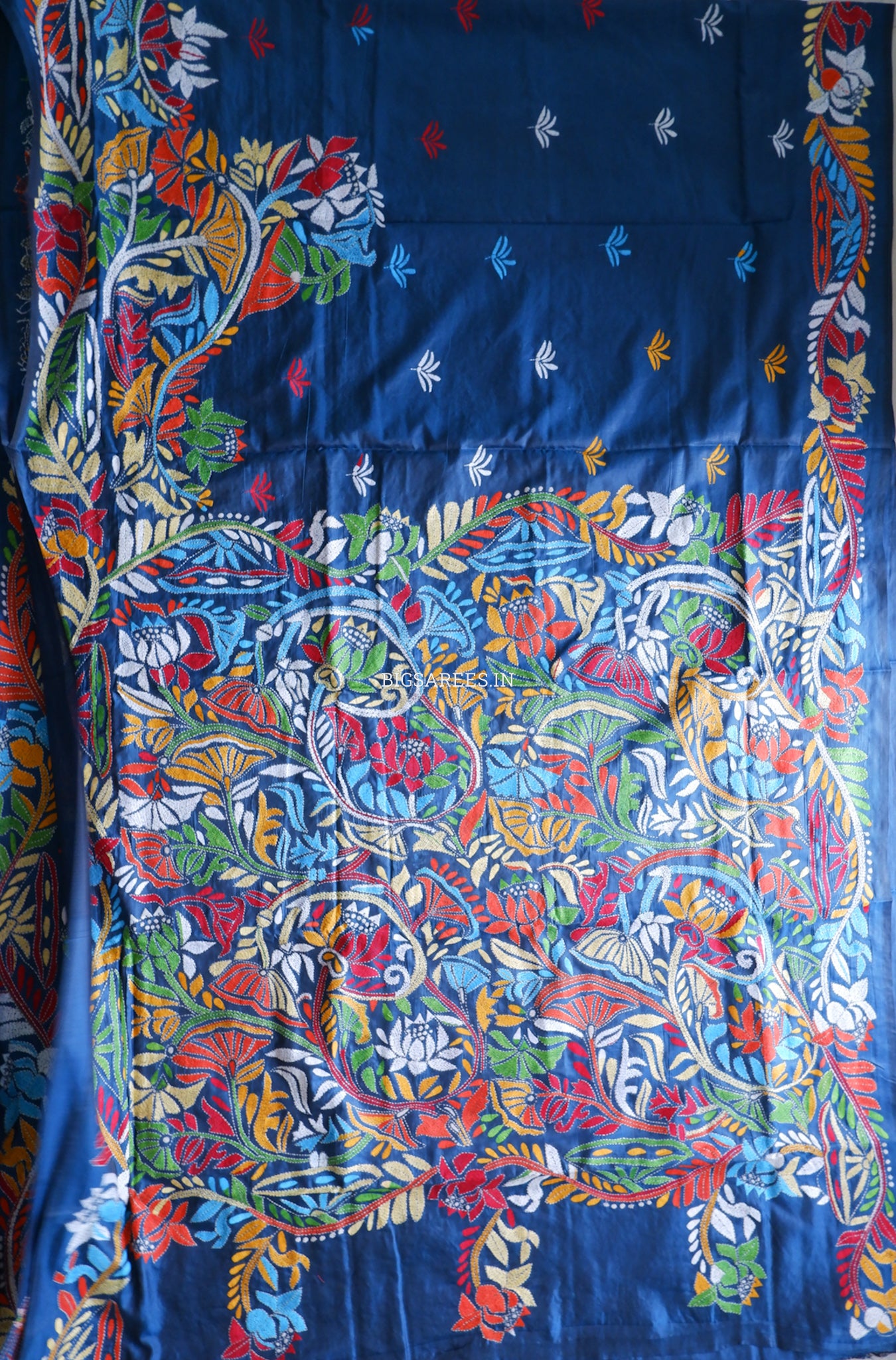 Kantha Stitch Hand Embroidered Saree | Blended Bangalore Silk / Art Silk | Royal Azure Blue