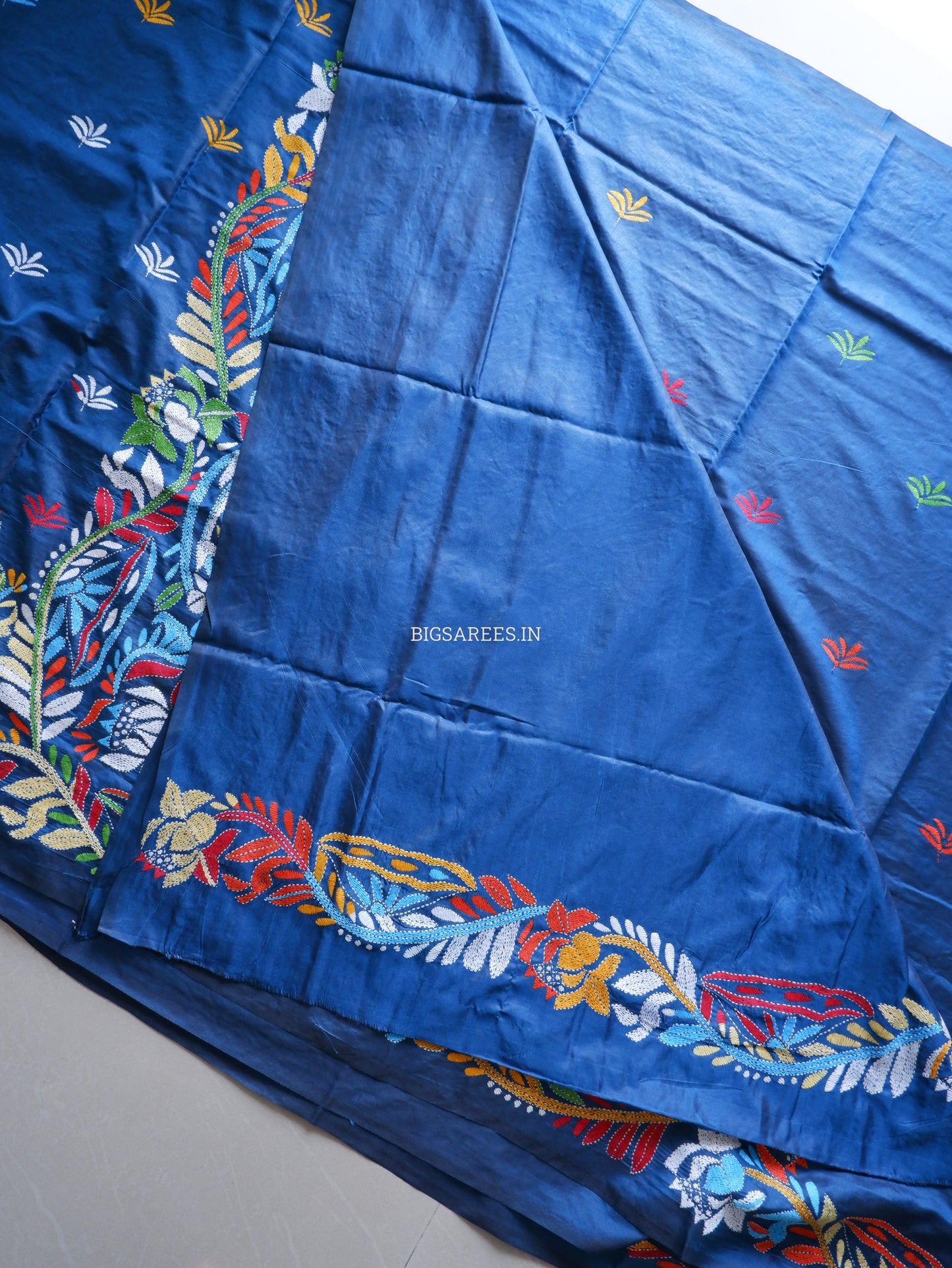 Kantha Stitch Hand Embroidered Saree | Blended Bangalore Silk / Art Silk | Royal Azure Blue