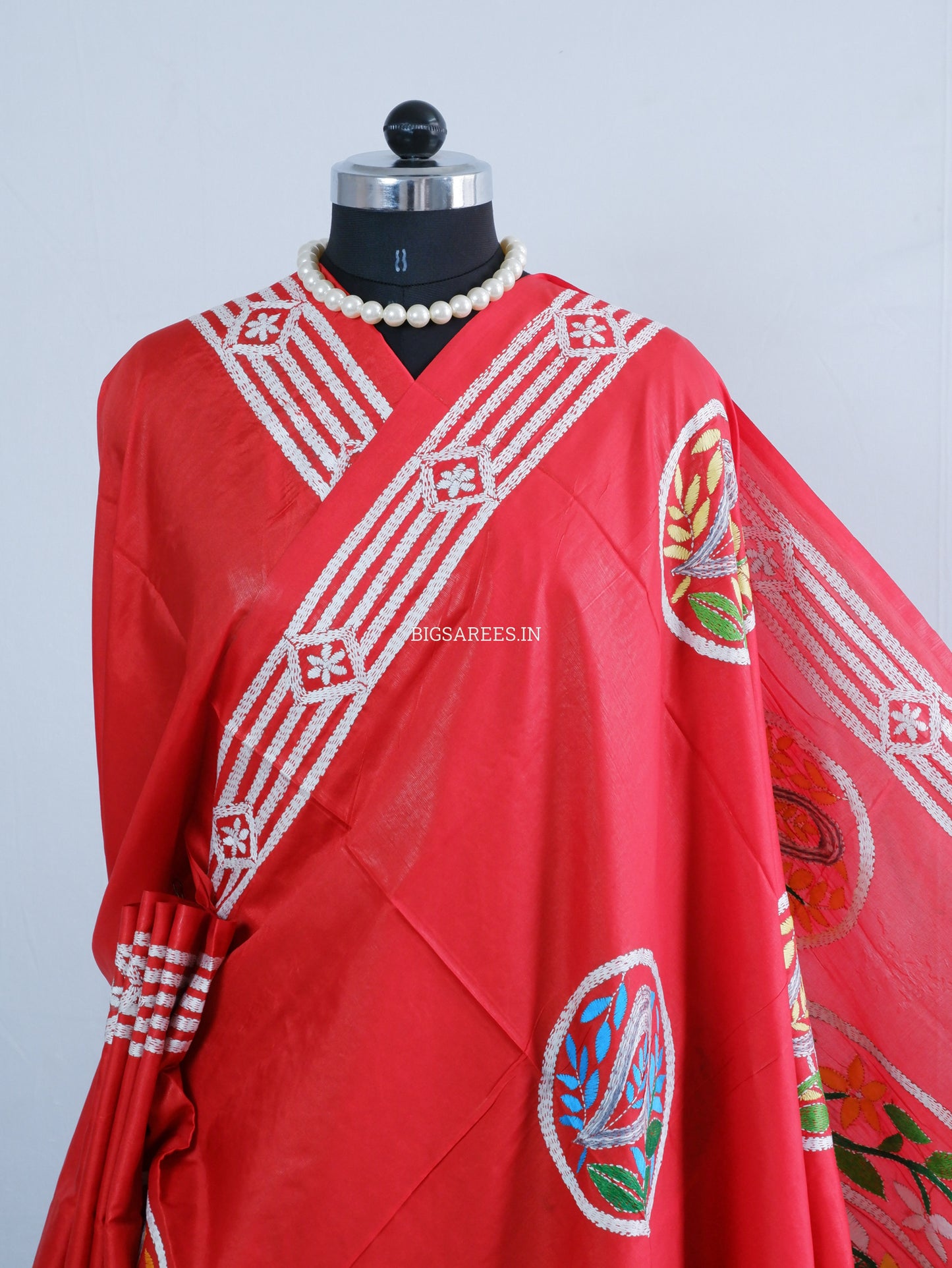 Kantha Stitch Hand Embroidered Saree | Blended Bangalore Silk/Art Silk | Red