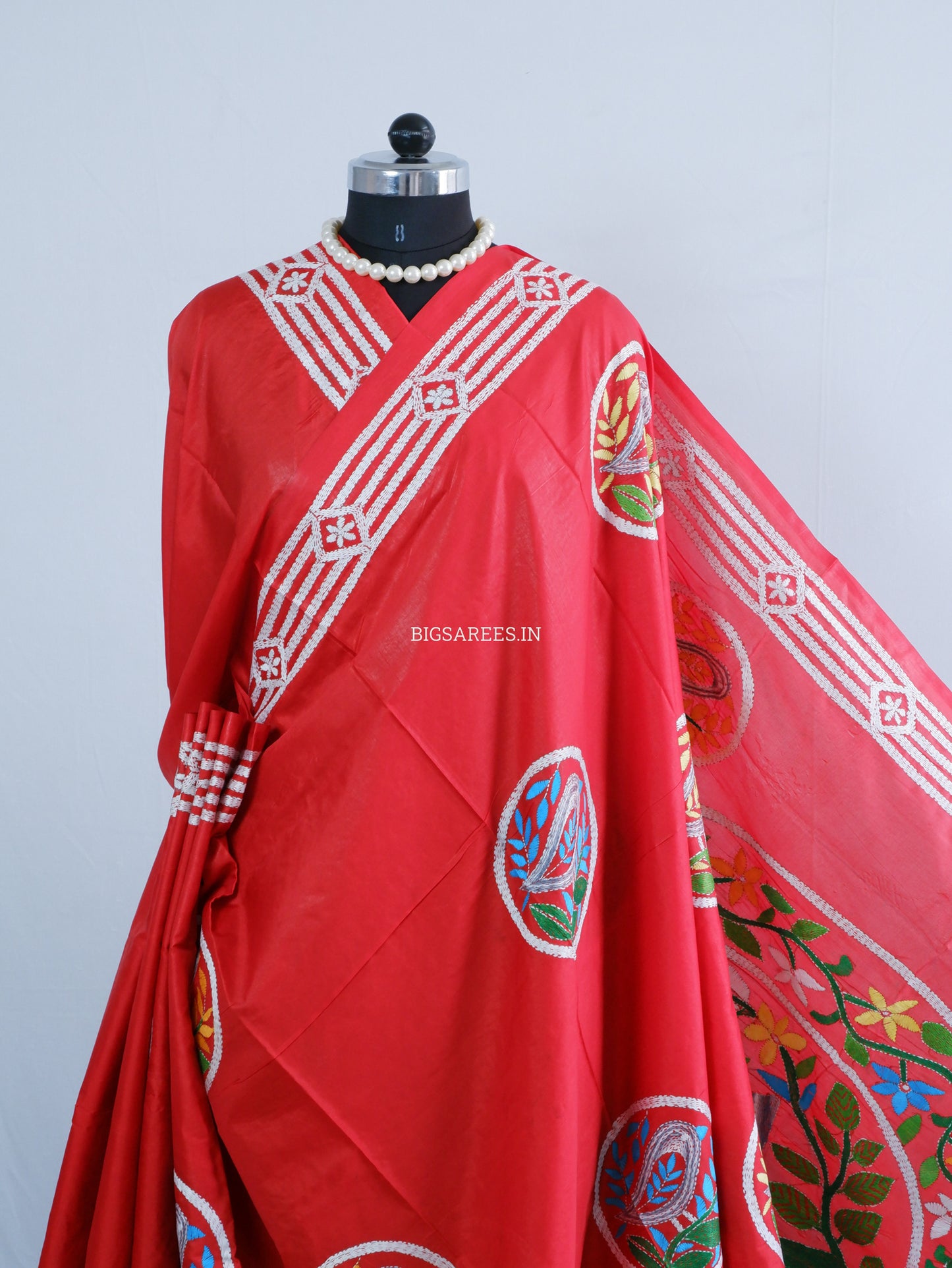 Kantha Stitch Hand Embroidered Saree | Blended Bangalore Silk/Art Silk | Red