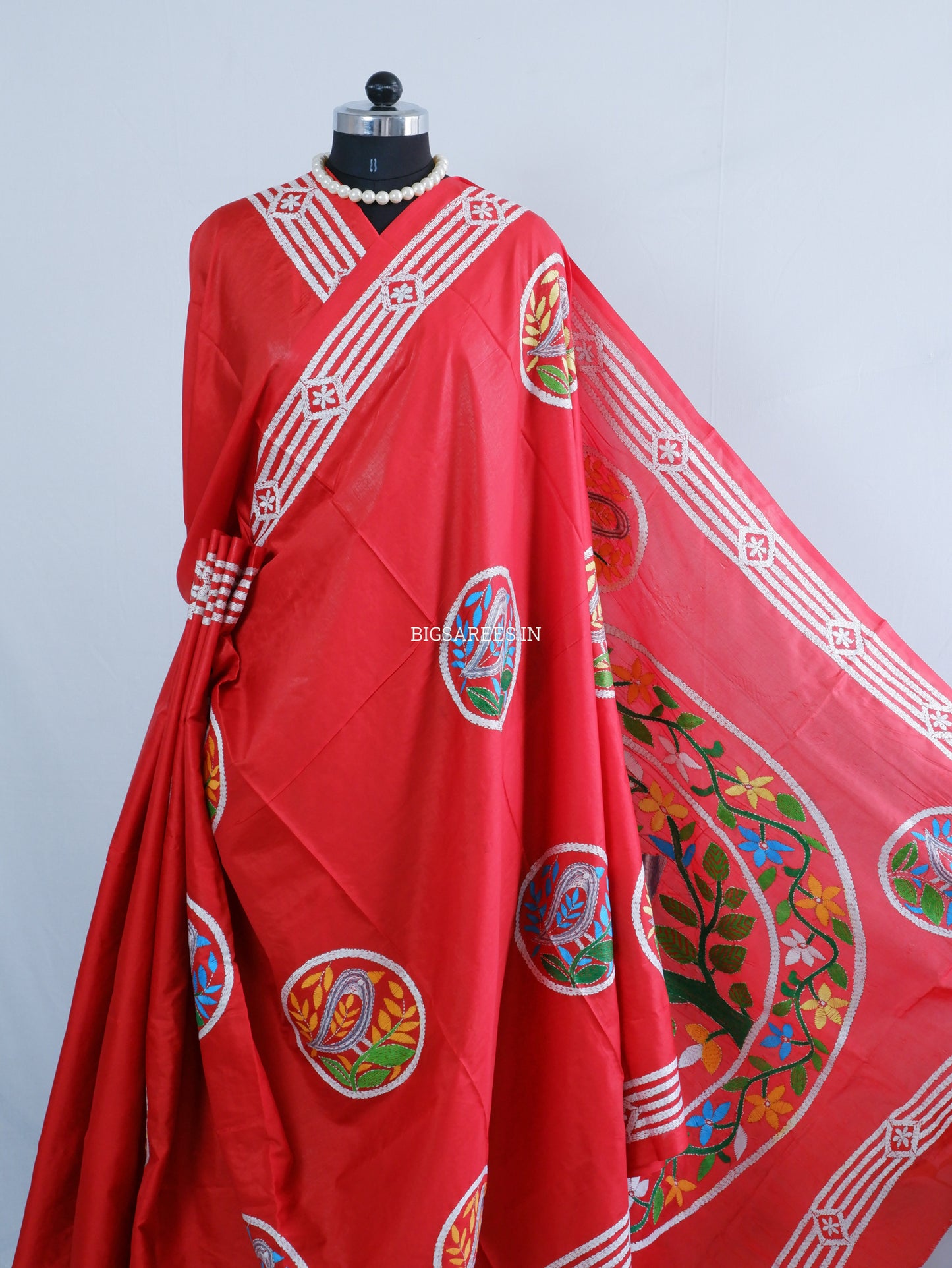 Kantha Stitch Hand Embroidered Saree | Blended Bangalore Silk/Art Silk | Red