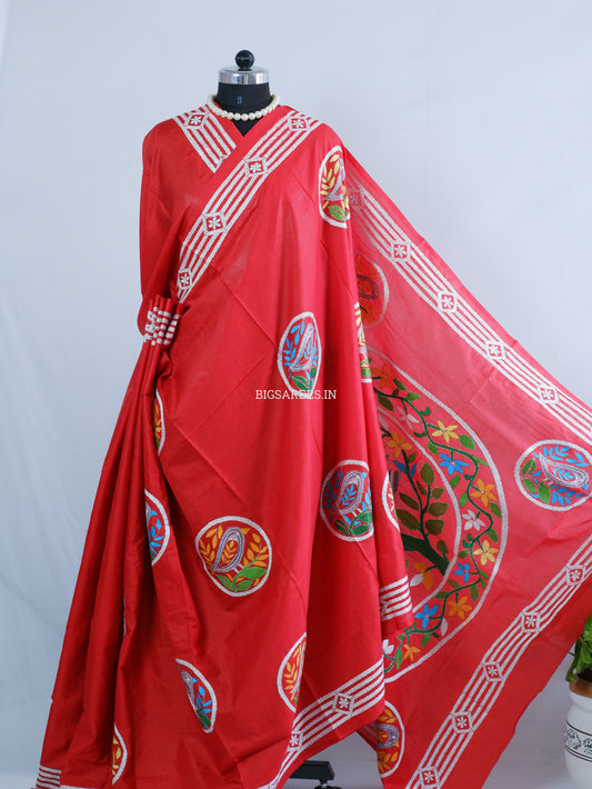 Kantha Stitch Hand Embroidered Saree | Blended Bangalore Silk/Art Silk | Red