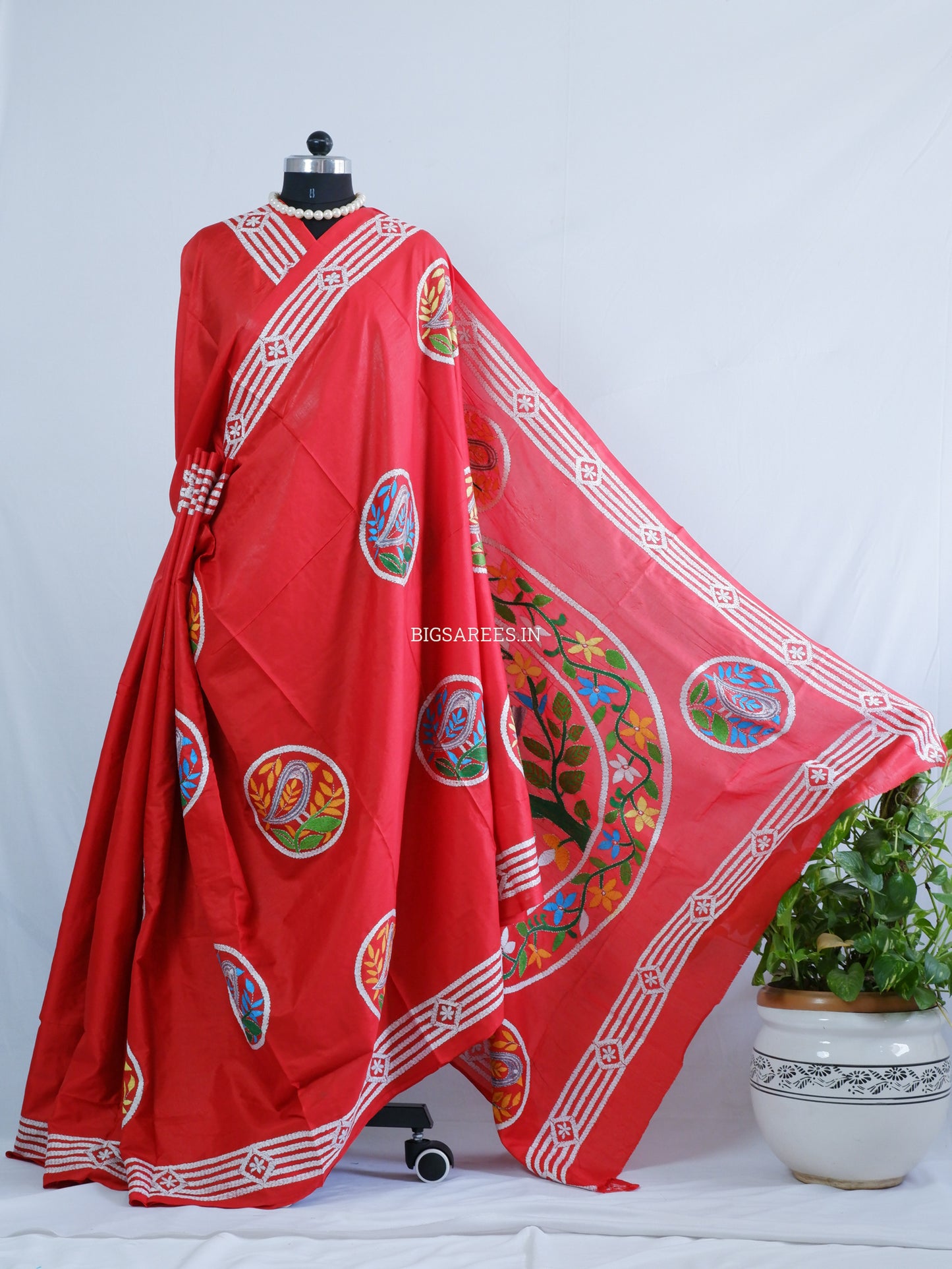 Kantha Stitch Hand Embroidered Saree | Blended Bangalore Silk/Art Silk | Red