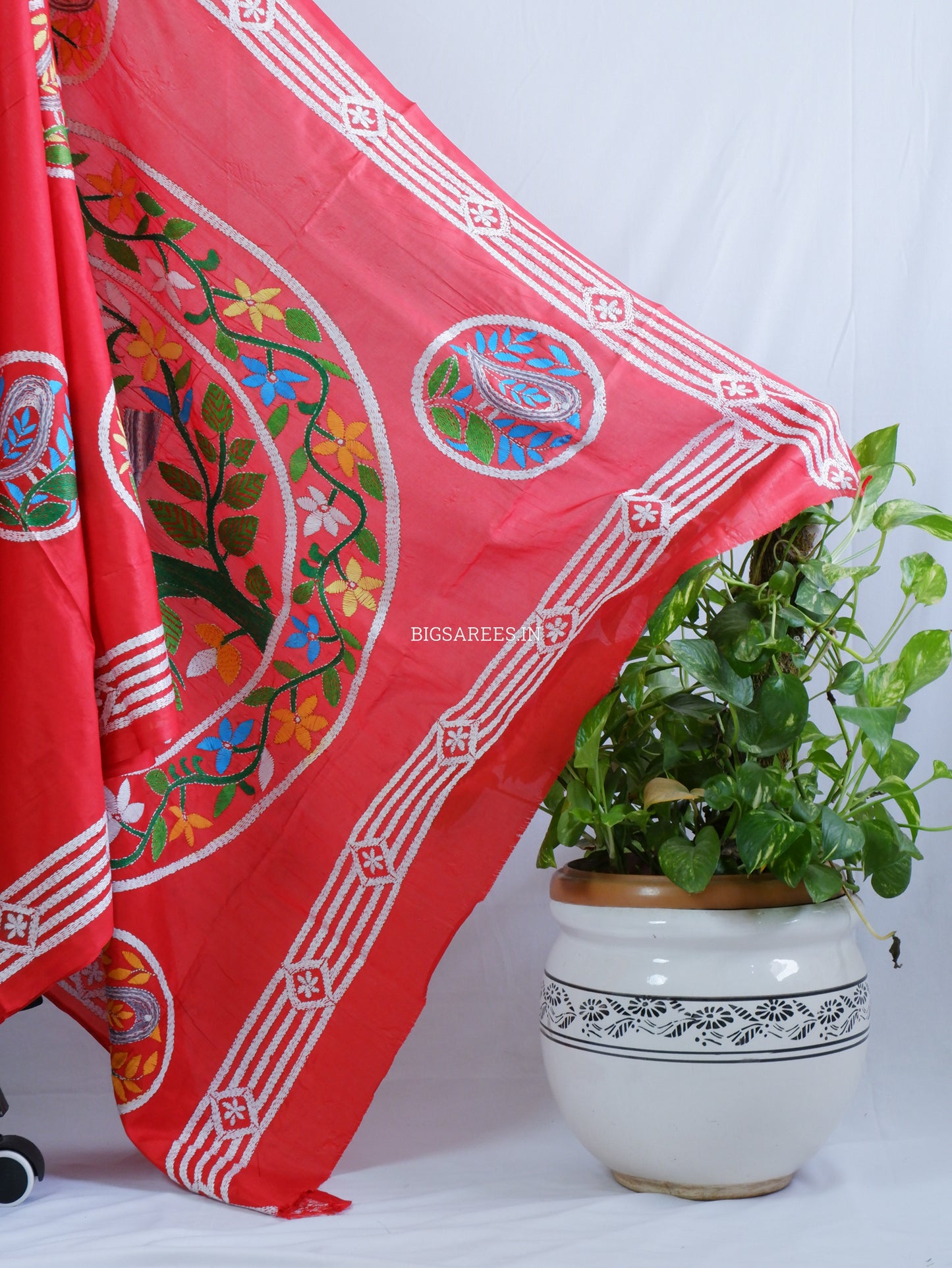 Kantha Stitch Hand Embroidered Saree | Blended Bangalore Silk/Art Silk | Red
