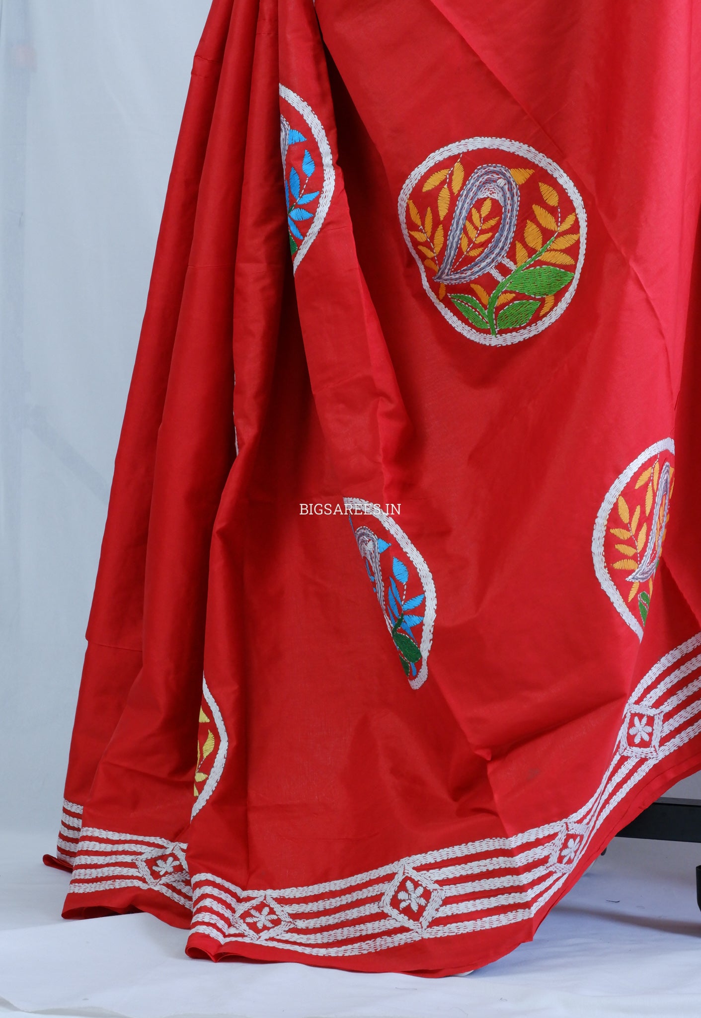 Kantha Stitch Hand Embroidered Saree | Blended Bangalore Silk/Art Silk | Red