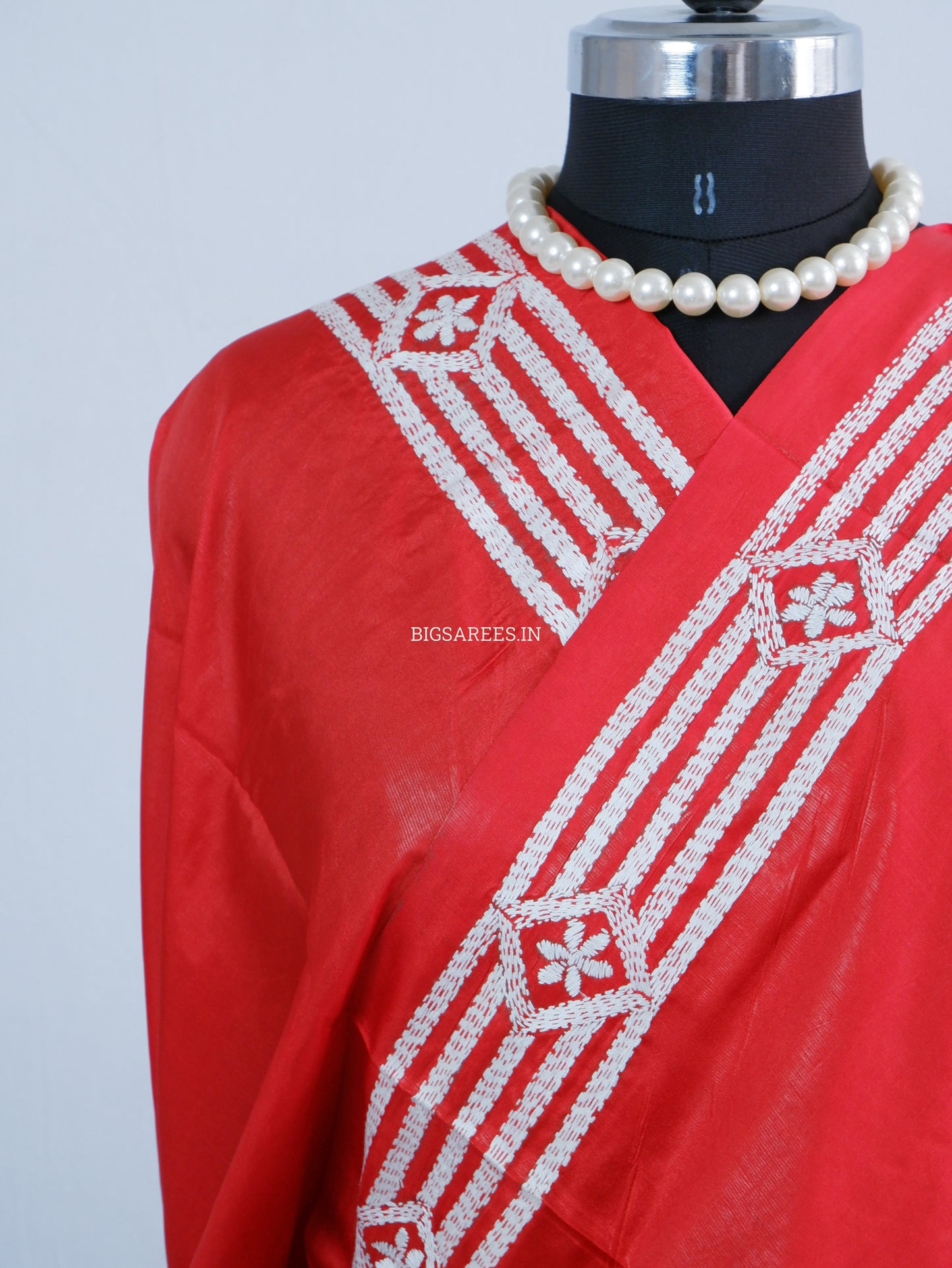 Kantha Stitch Hand Embroidered Saree | Blended Bangalore Silk/Art Silk | Red
