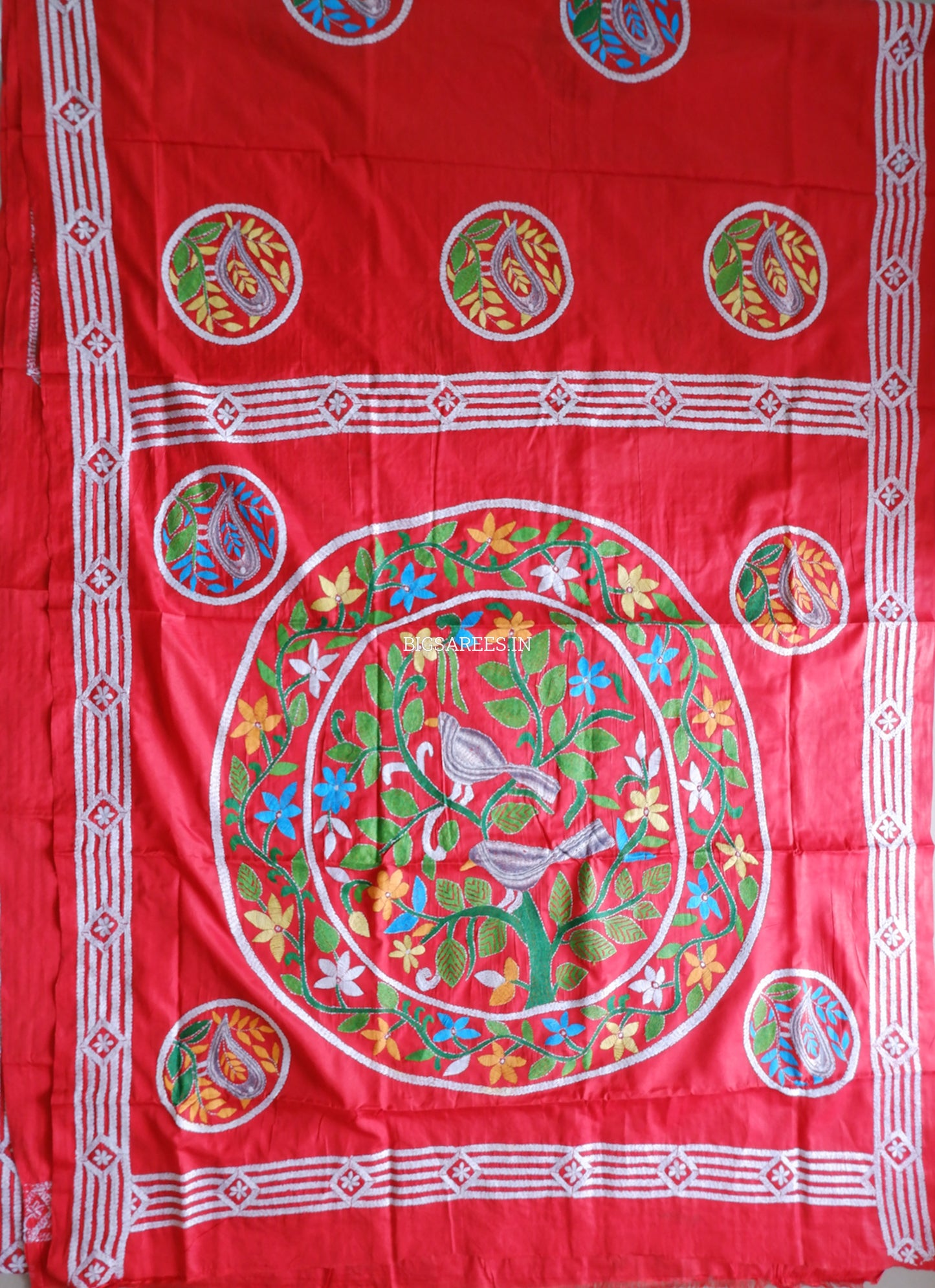 Kantha Stitch Hand Embroidered Saree | Blended Bangalore Silk/Art Silk | Red