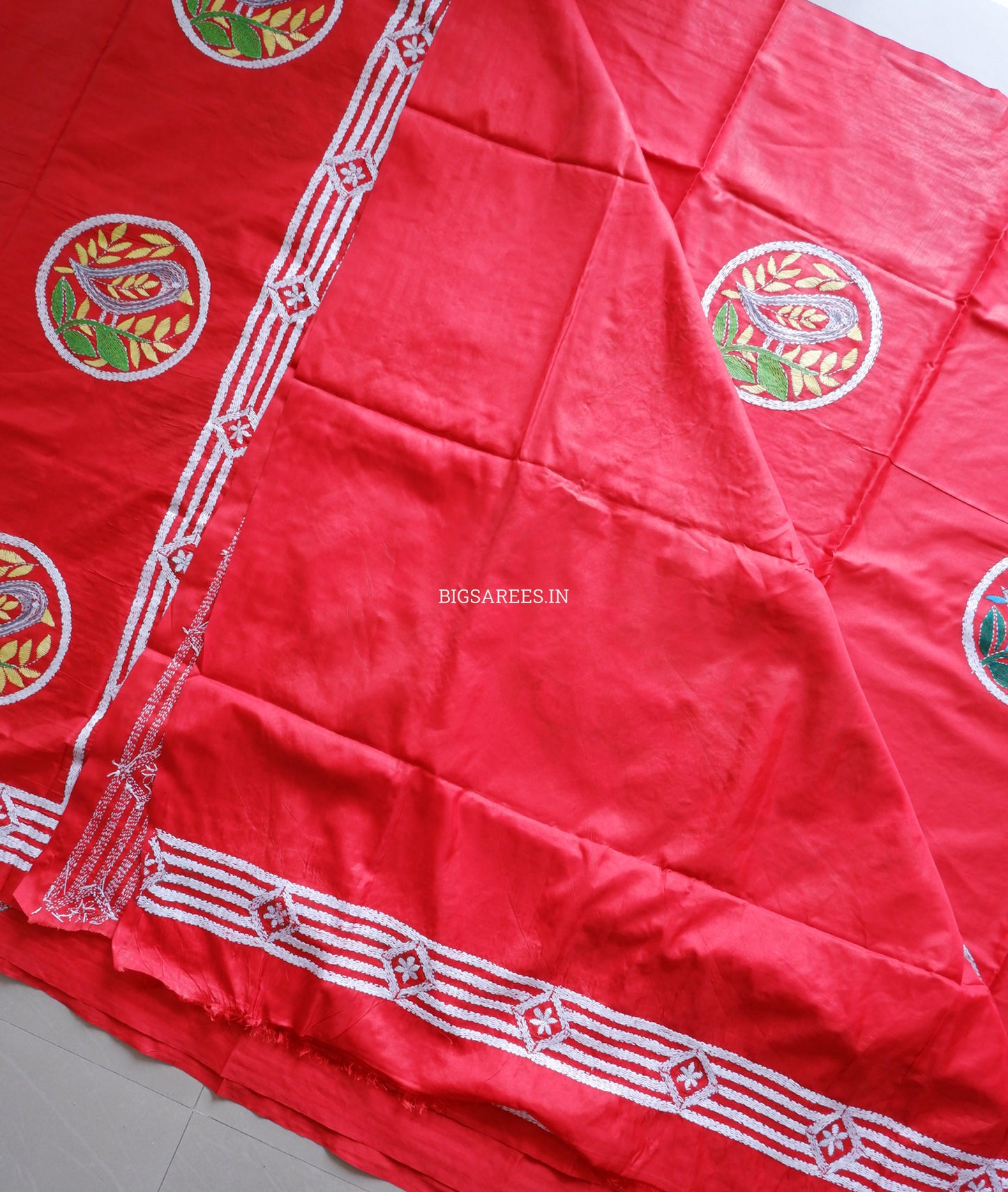 Kantha Stitch Hand Embroidered Saree | Blended Bangalore Silk/Art Silk | Red