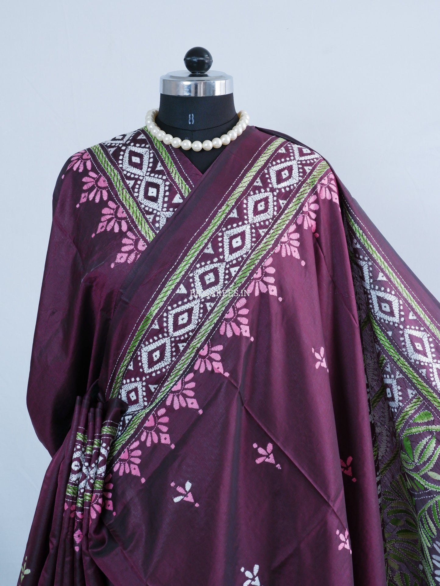 Kantha - Stitch Hand Embroidered Saree | Blended Bangalore Silk / Art Silk | Maroon