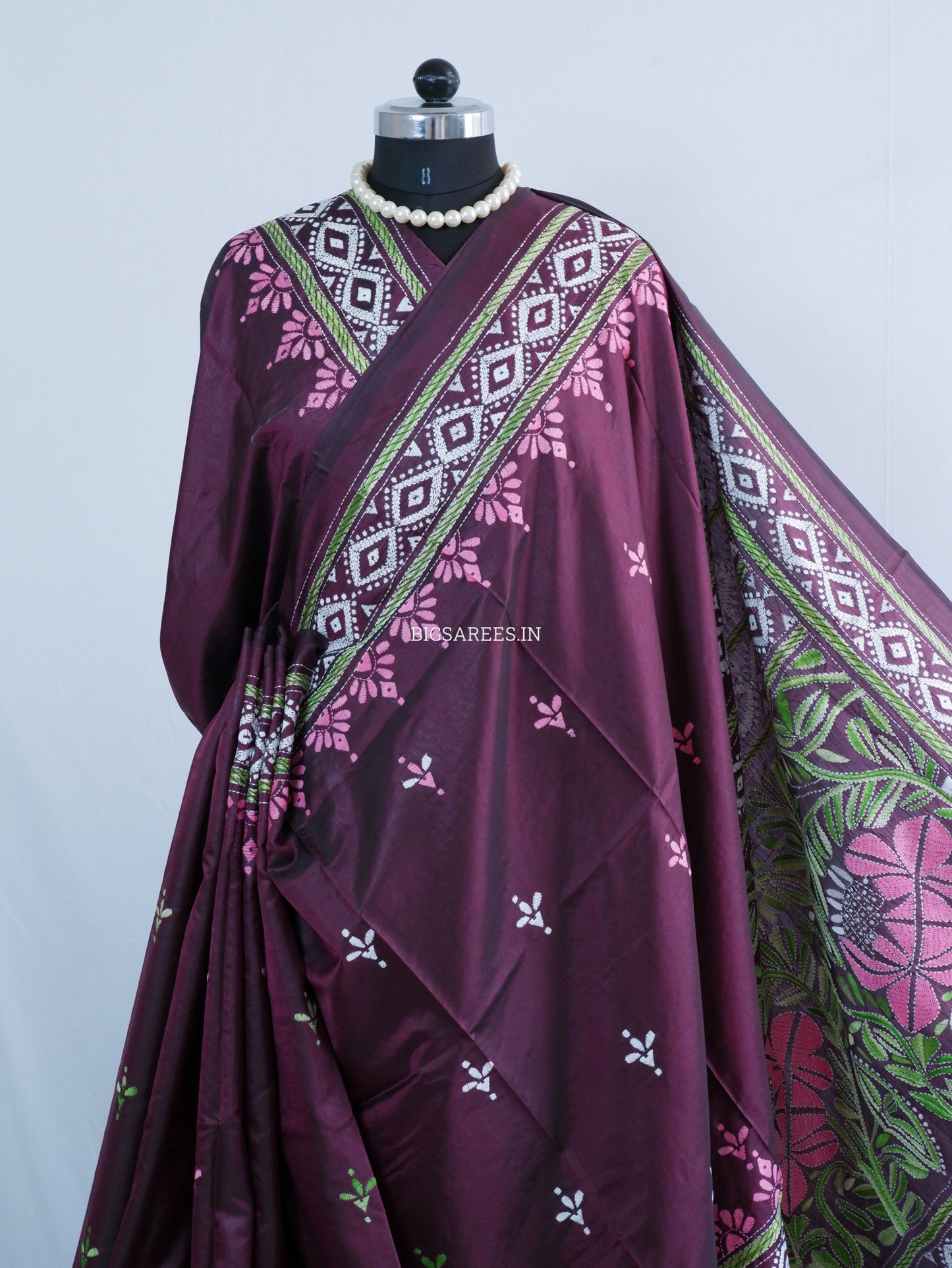 Kantha - Stitch Hand Embroidered Saree | Blended Bangalore Silk / Art Silk | Maroon