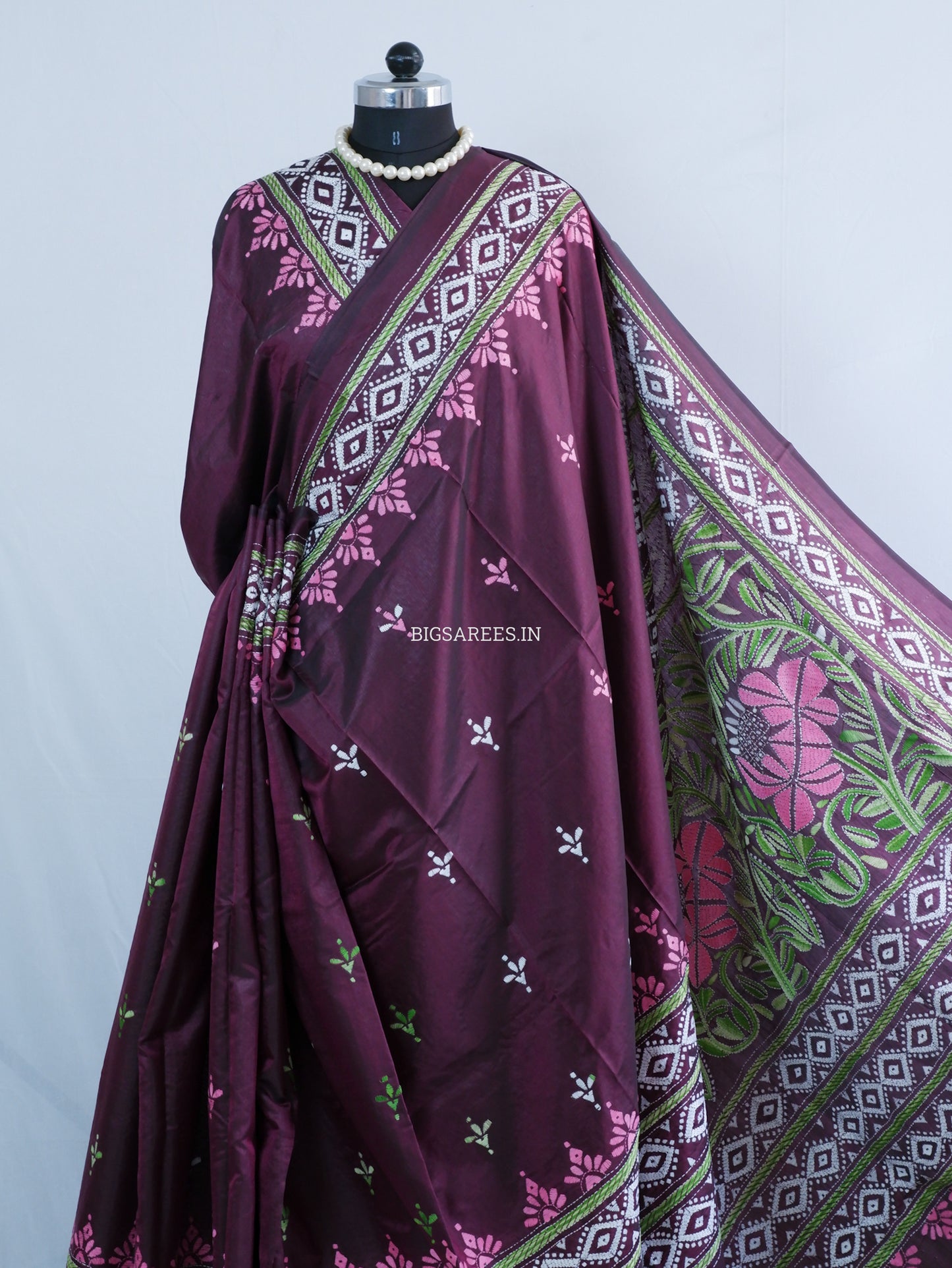 Kantha - Stitch Hand Embroidered Saree | Blended Bangalore Silk / Art Silk | Maroon