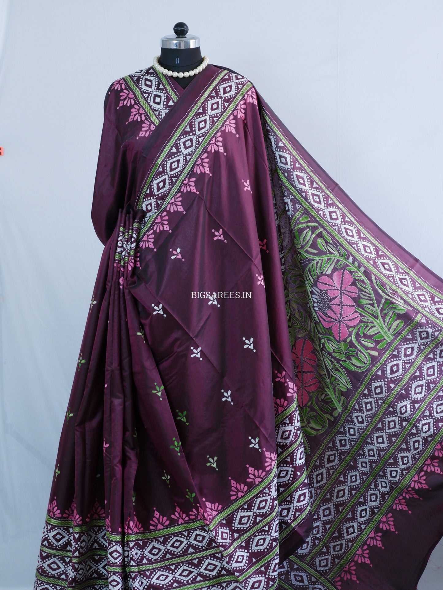 Kantha - Stitch Hand Embroidered Saree | Blended Bangalore Silk / Art Silk | Maroon