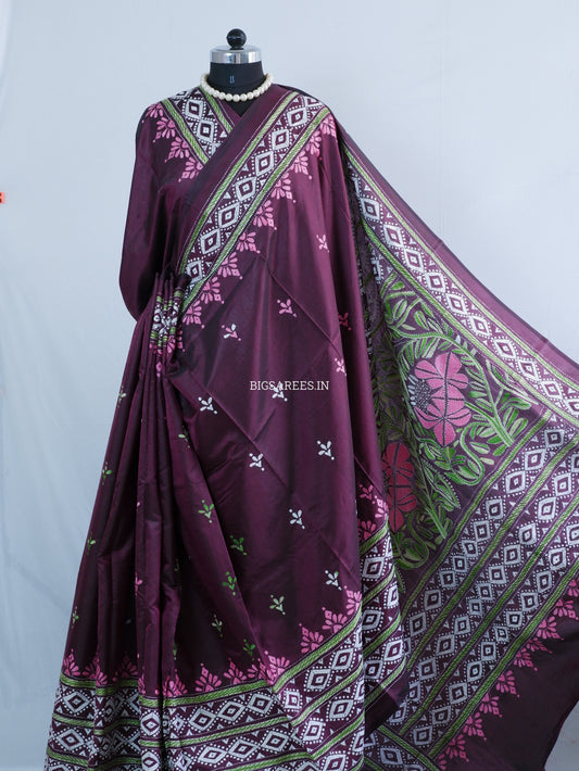 Kantha - Stitch Hand Embroidered Saree | Blended Bangalore Silk / Art Silk | Maroon
