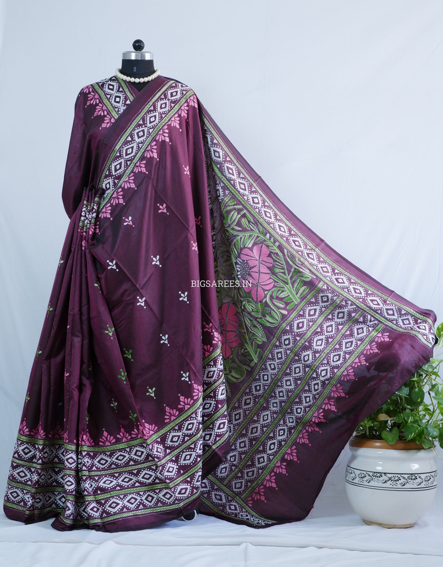 Kantha - Stitch Hand Embroidered Saree | Blended Bangalore Silk / Art Silk | Maroon
