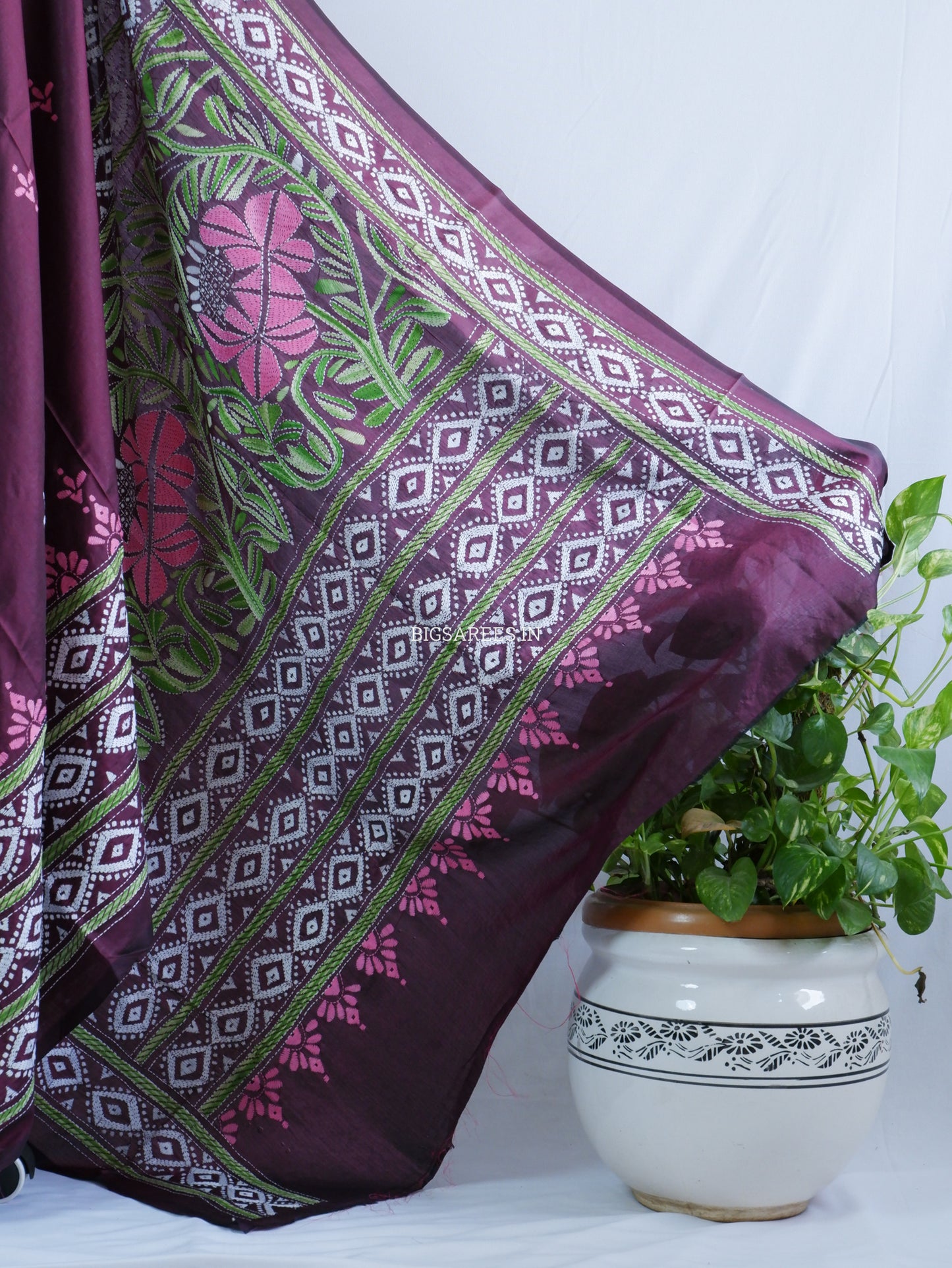 Kantha - Stitch Hand Embroidered Saree | Blended Bangalore Silk / Art Silk | Maroon