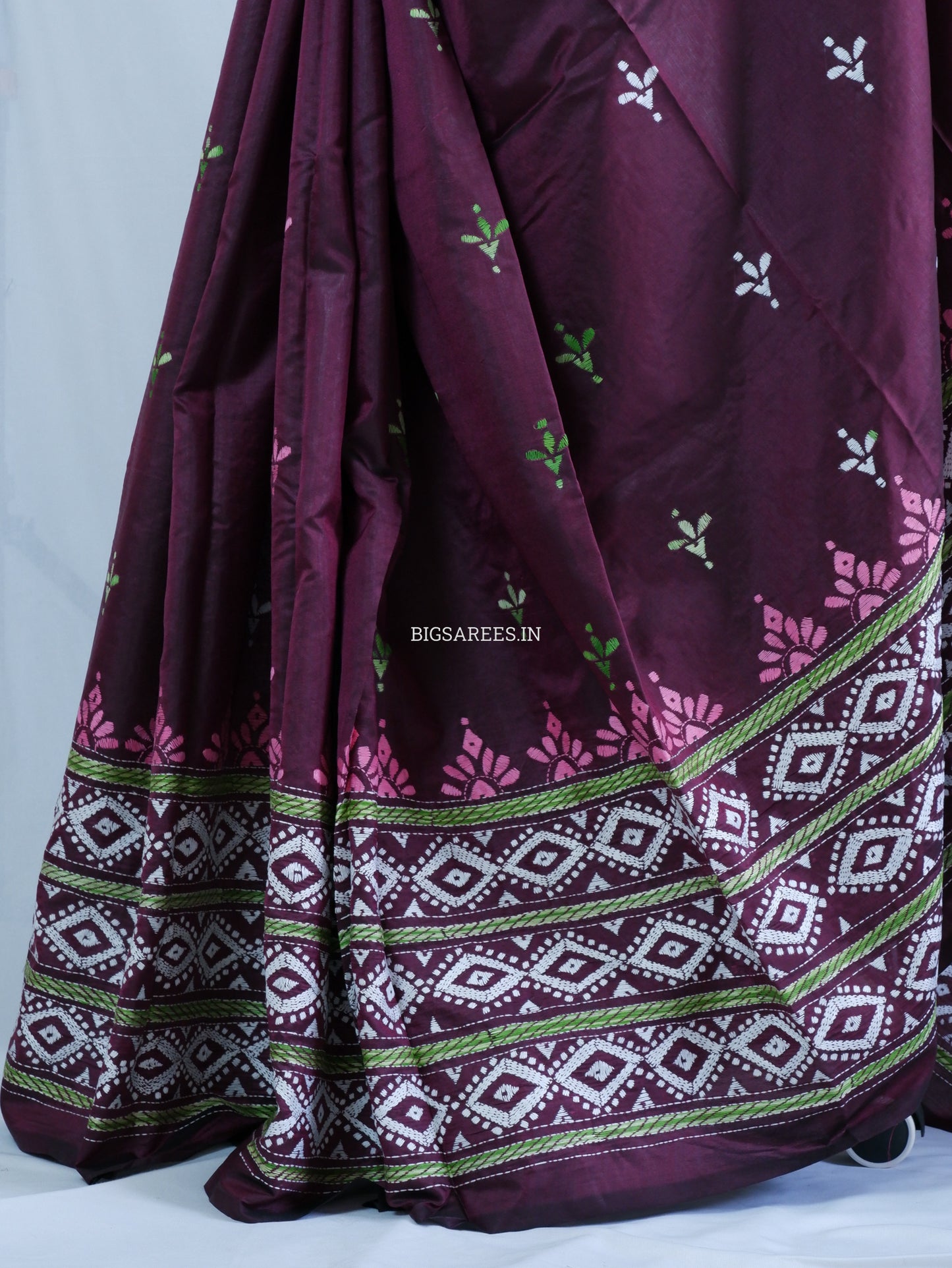Kantha - Stitch Hand Embroidered Saree | Blended Bangalore Silk / Art Silk | Maroon