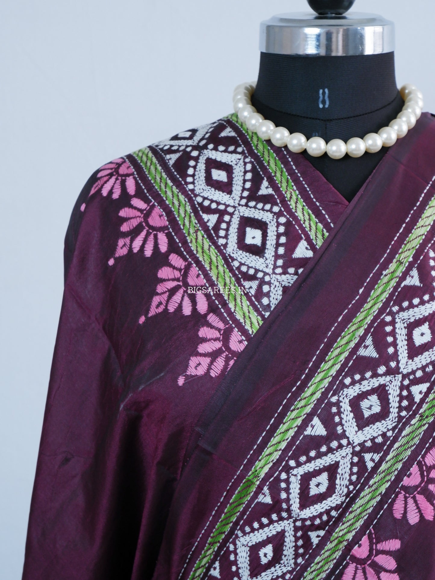 Kantha - Stitch Hand Embroidered Saree | Blended Bangalore Silk / Art Silk | Maroon