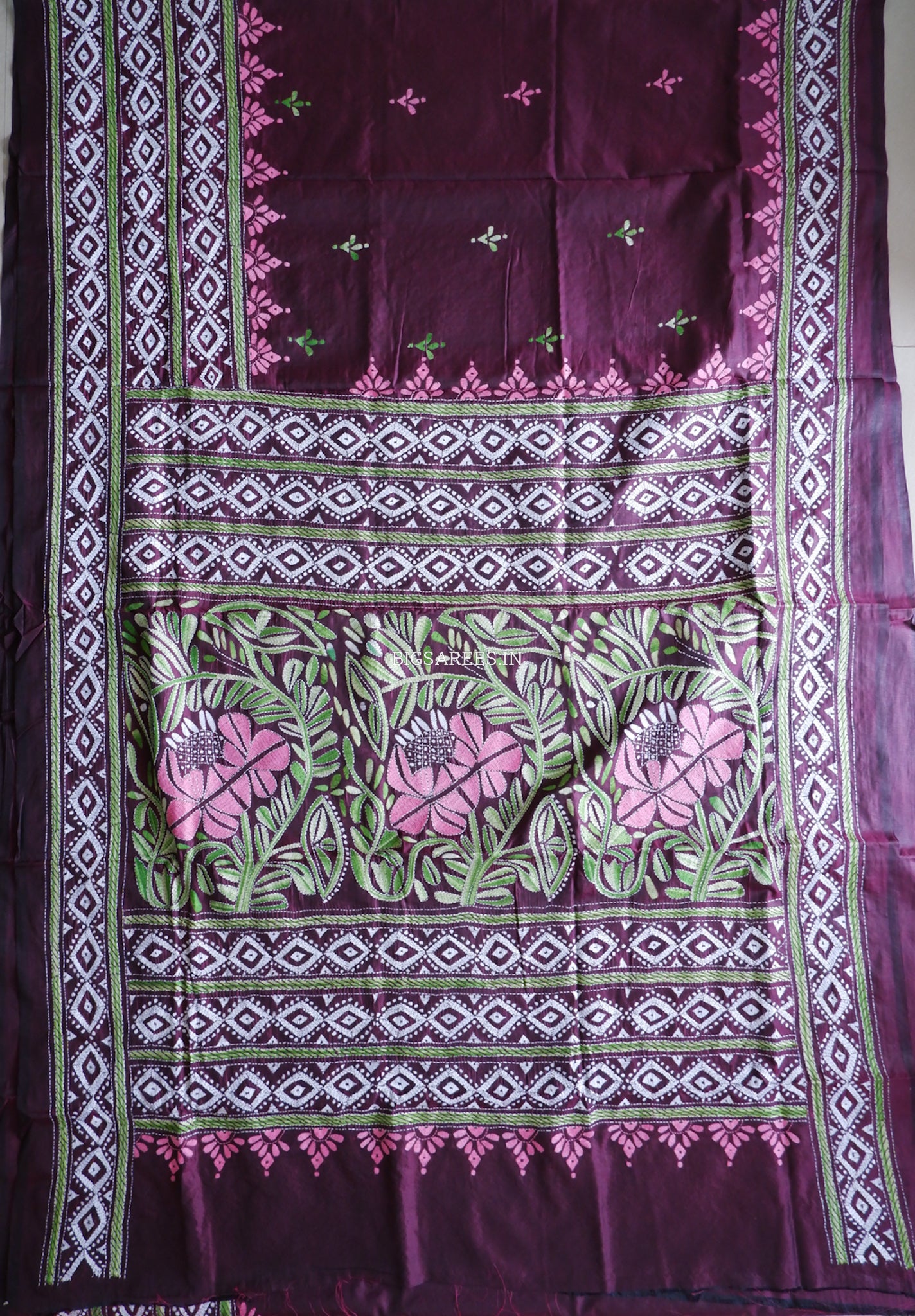 Kantha - Stitch Hand Embroidered Saree | Blended Bangalore Silk / Art Silk | Maroon