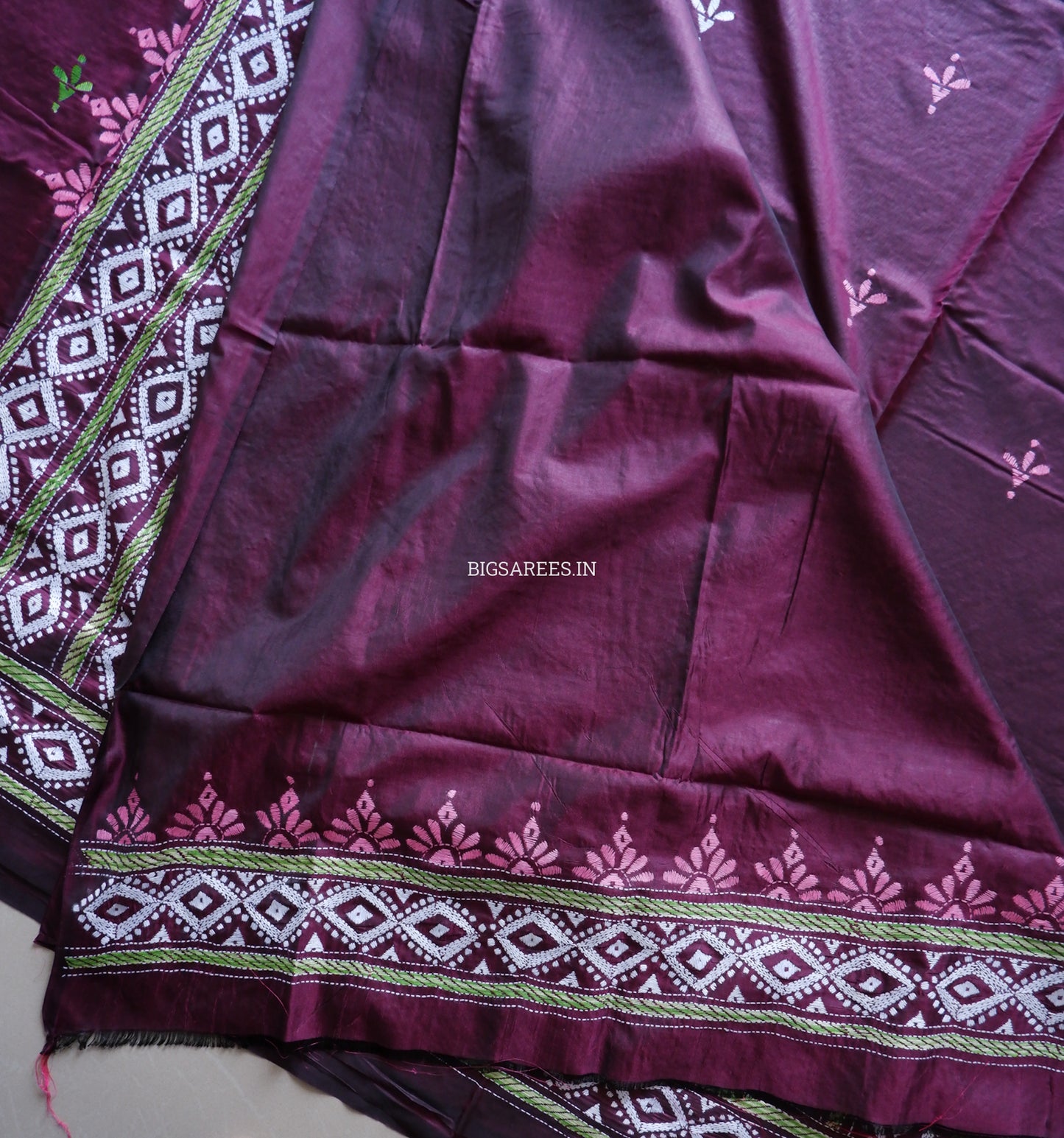 Kantha - Stitch Hand Embroidered Saree | Blended Bangalore Silk / Art Silk | Maroon