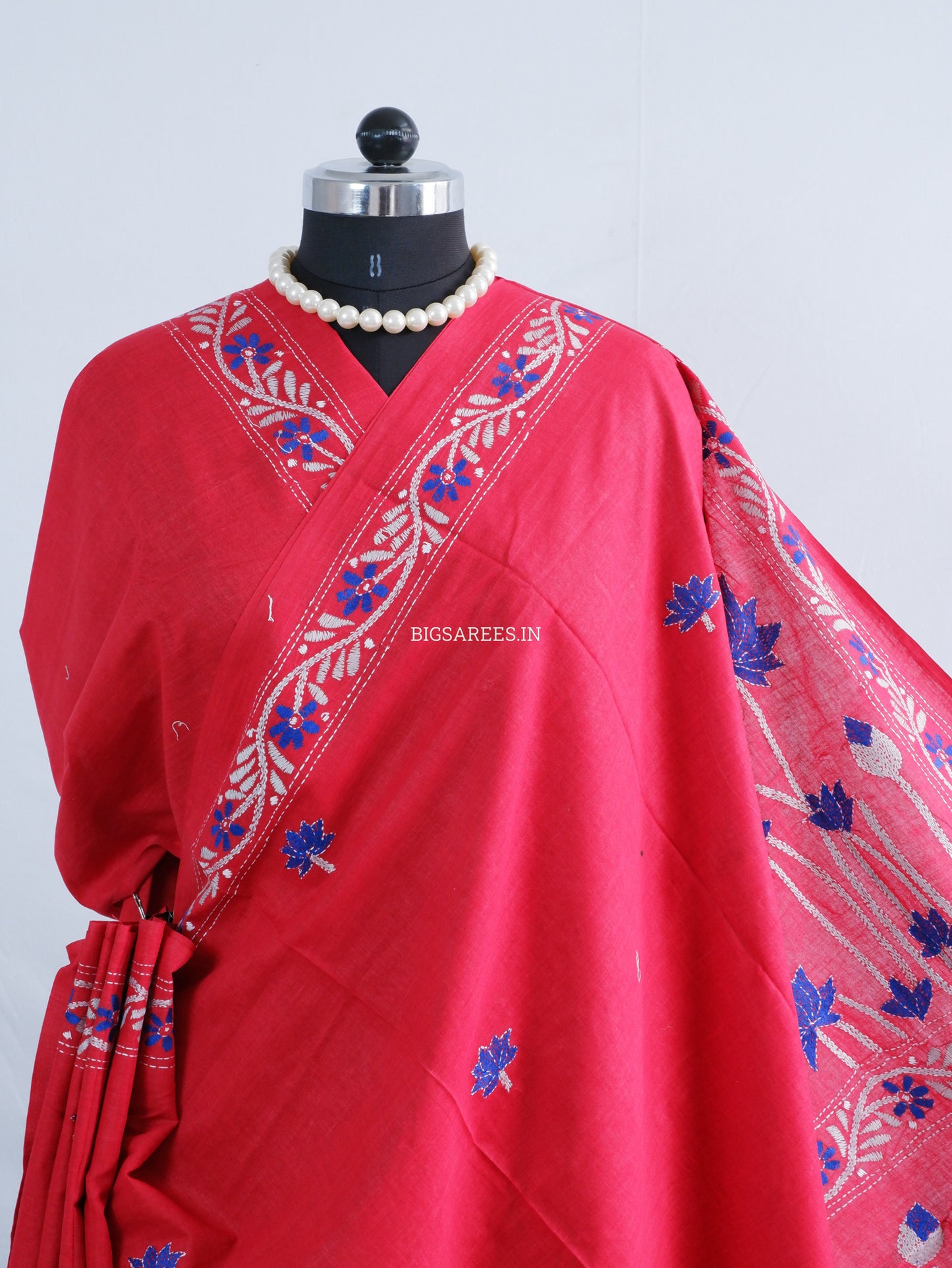 Kantha Stitch Hand-Embroidered Saree | Khadi Cotton | Red
