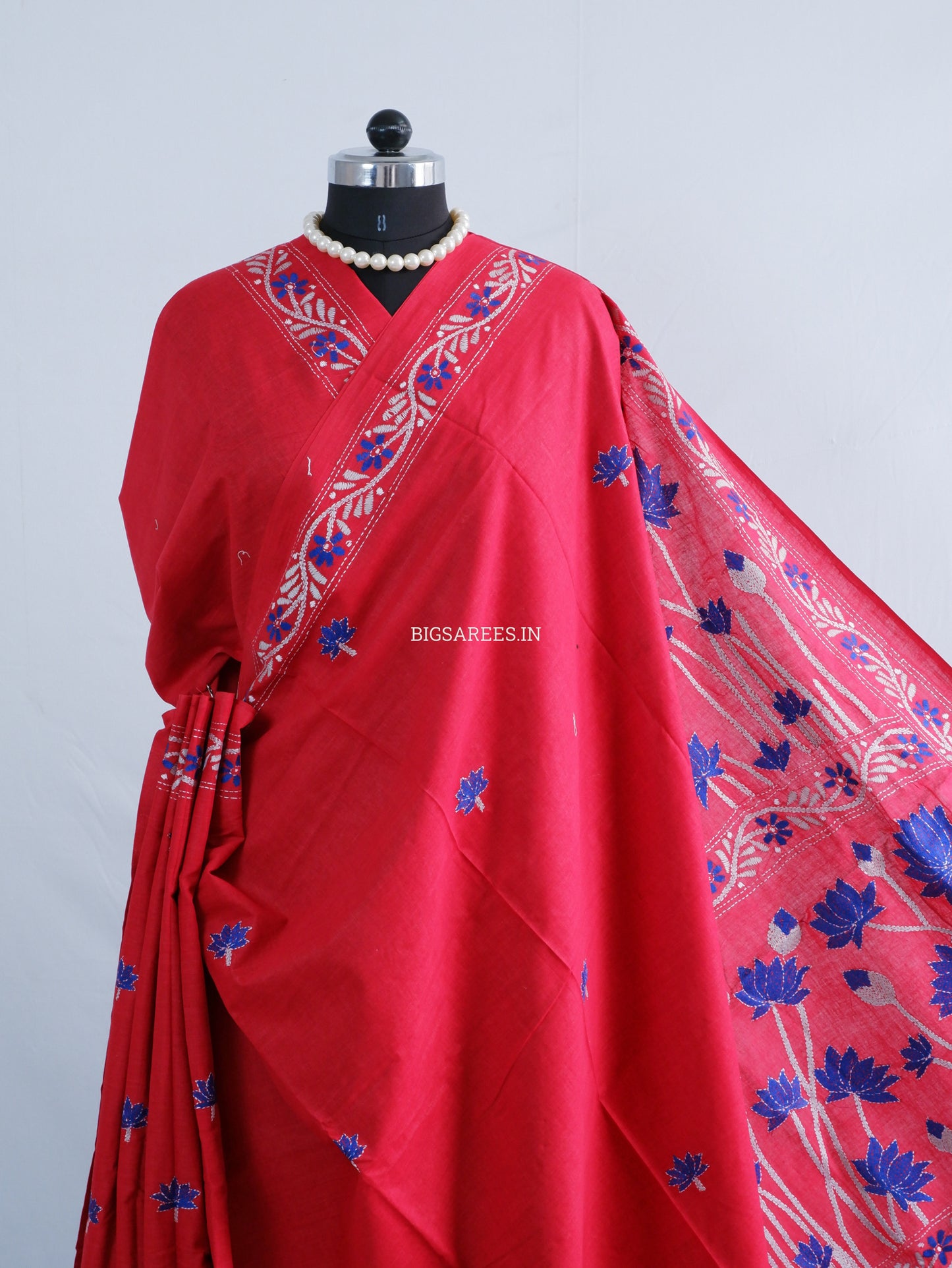 Kantha Stitch Hand-Embroidered Saree | Khadi Cotton | Red