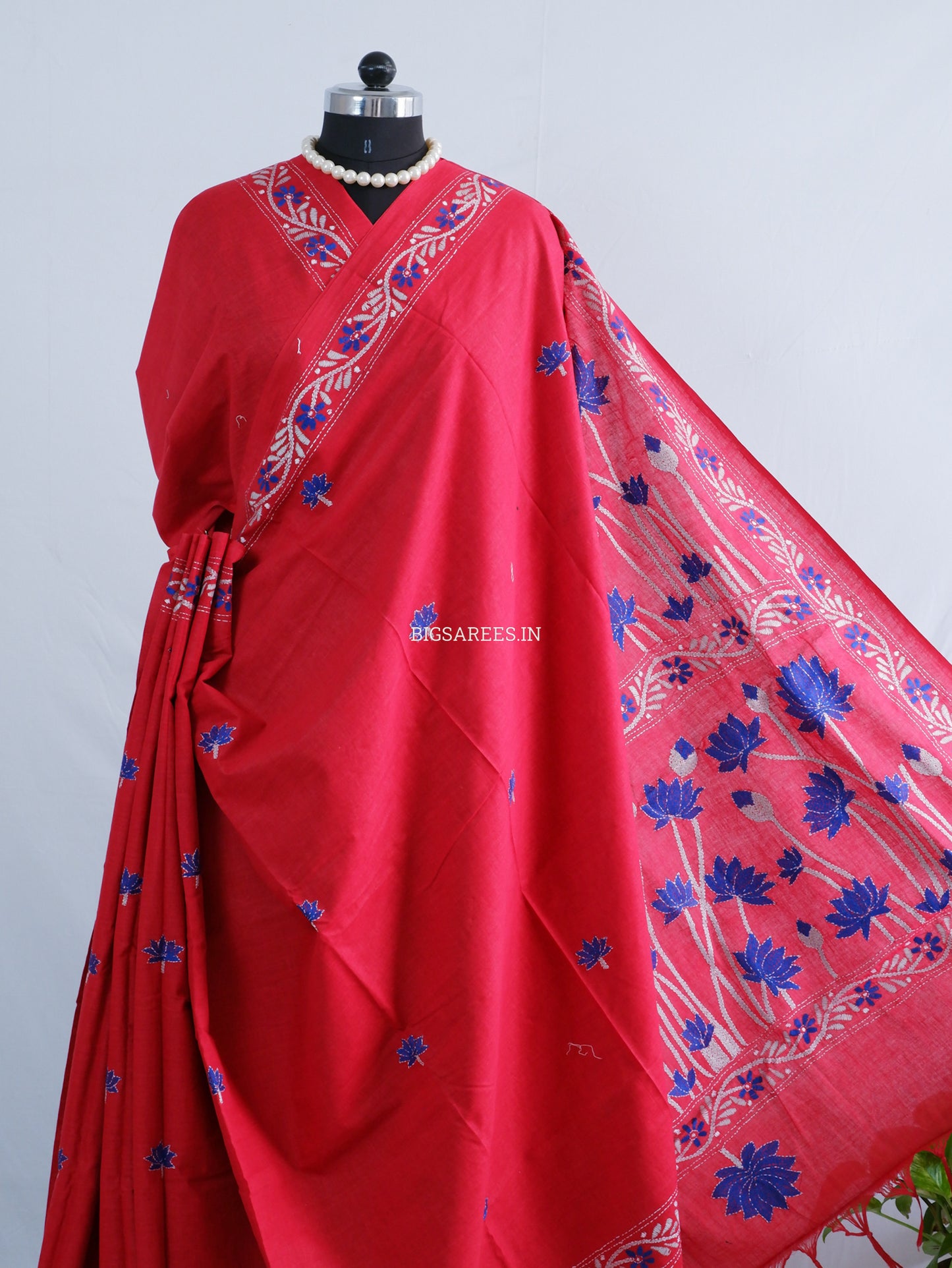 Kantha Stitch Hand-Embroidered Saree | Khadi Cotton | Red