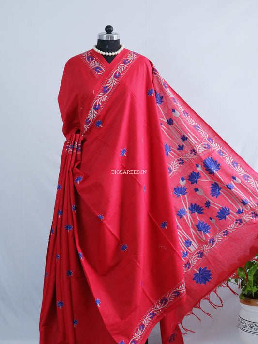 Kantha Stitch Hand-Embroidered Saree | Khadi Cotton | Red