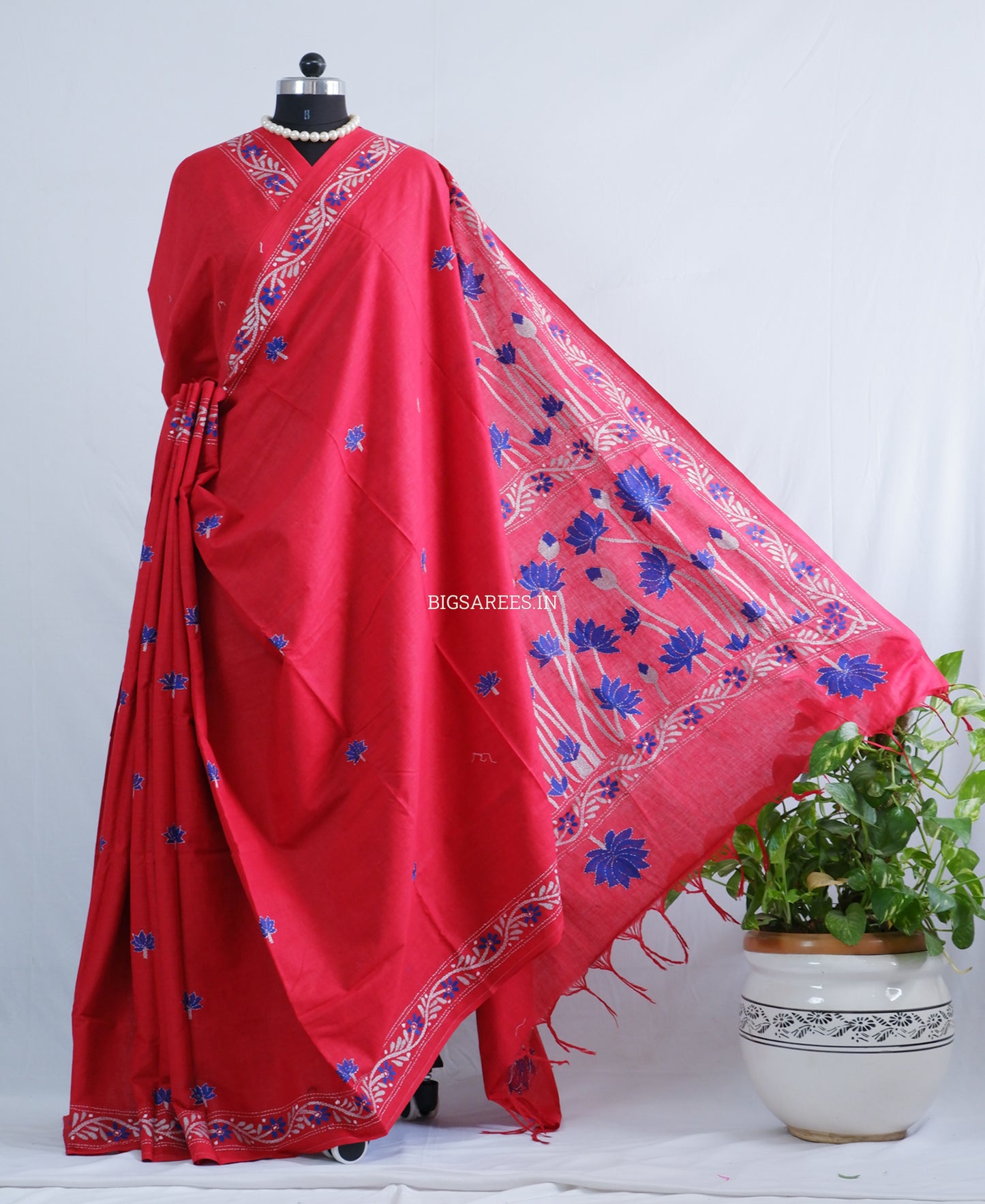Kantha Stitch Hand-Embroidered Saree | Khadi Cotton | Red