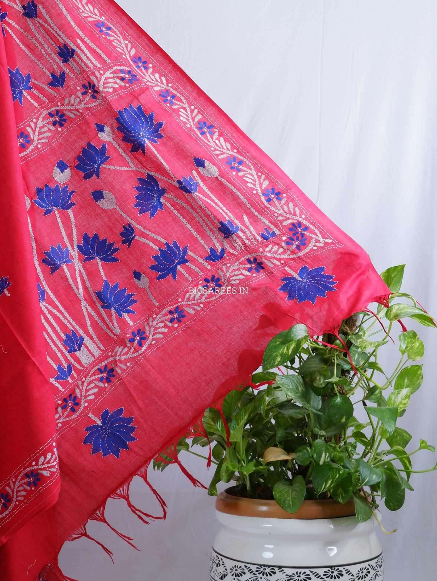 Kantha Stitch Hand-Embroidered Saree | Khadi Cotton | Red