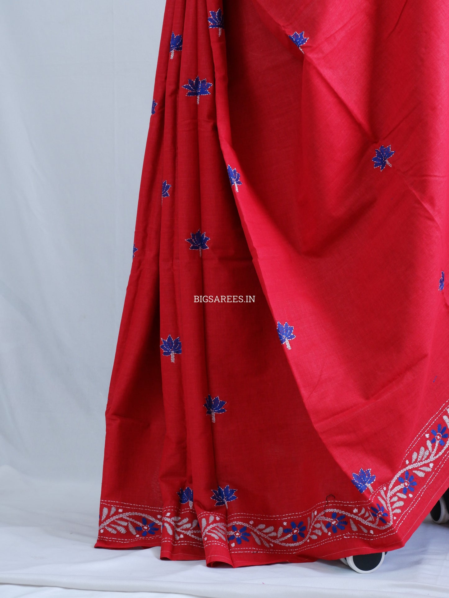Kantha Stitch Hand-Embroidered Saree | Khadi Cotton | Red