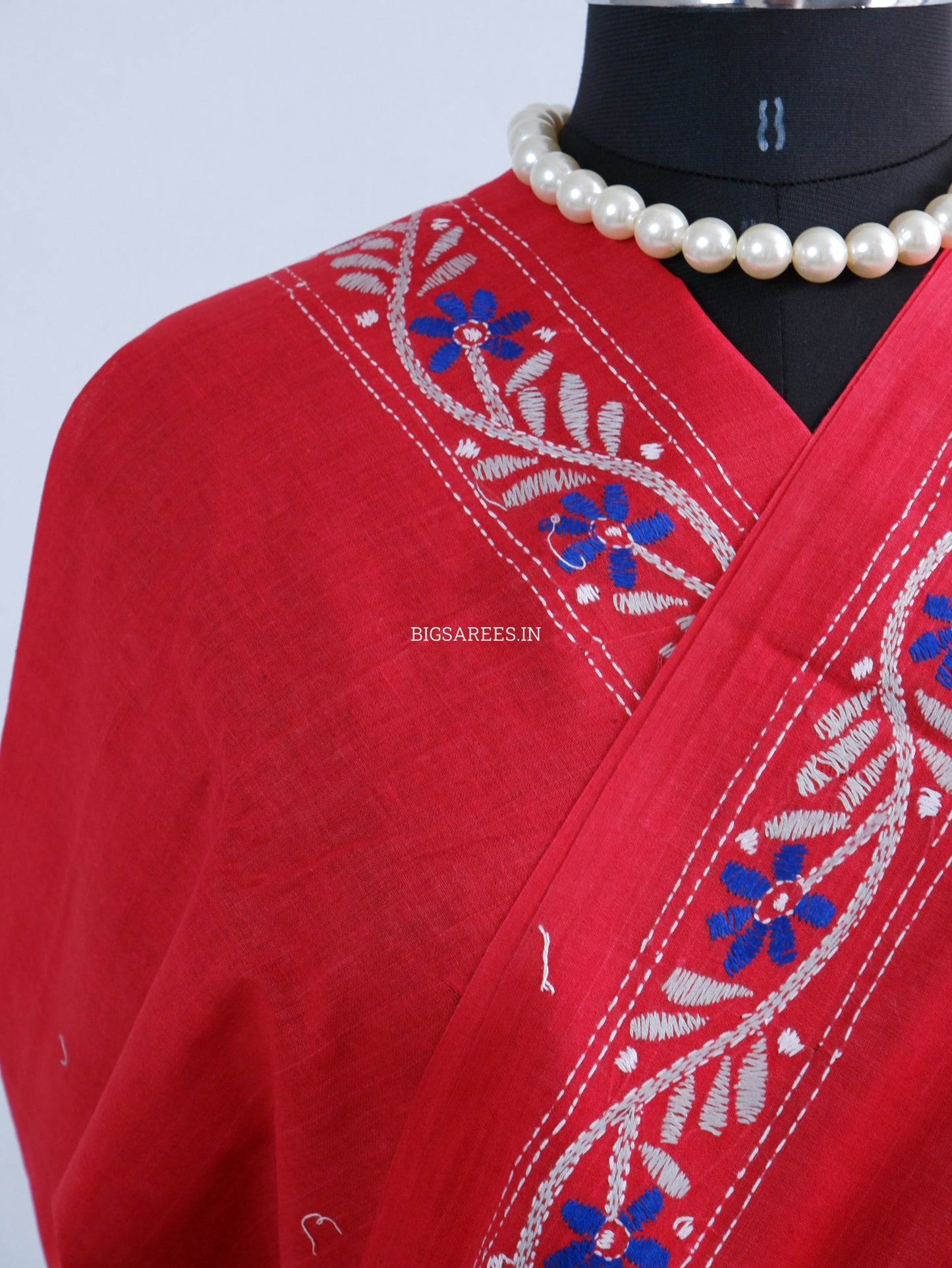 Kantha Stitch Hand-Embroidered Saree | Khadi Cotton | Red