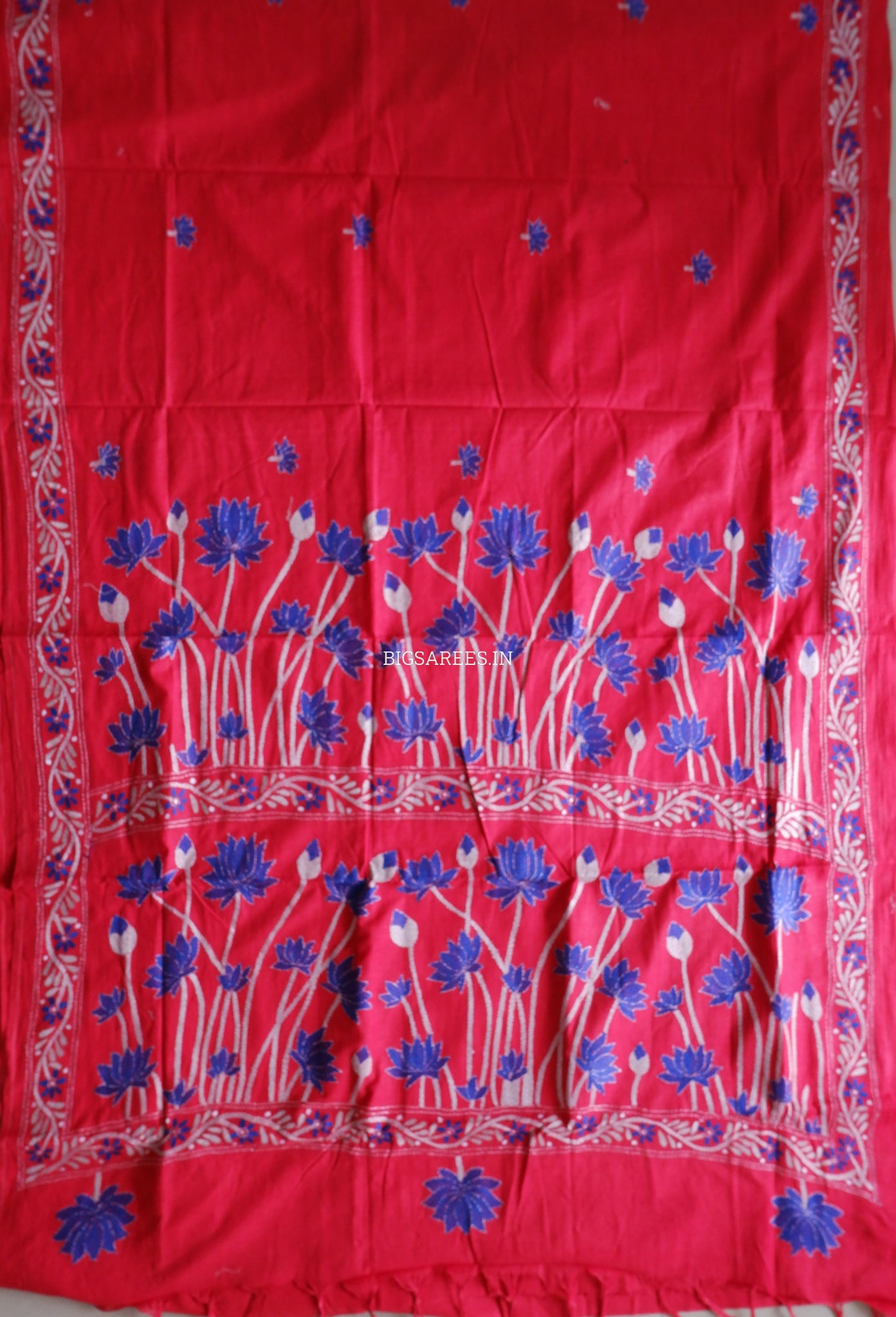 Kantha Stitch Hand-Embroidered Saree | Khadi Cotton | Red