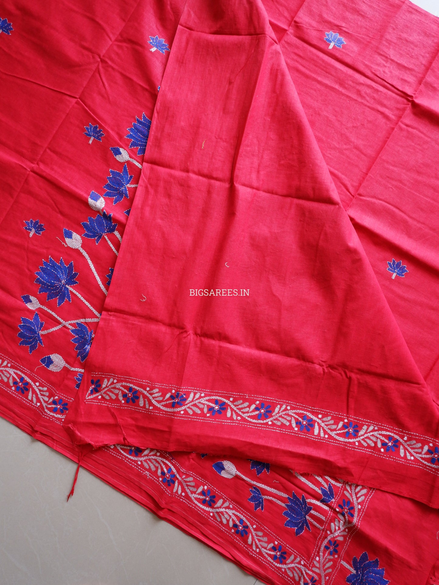 Kantha Stitch Hand-Embroidered Saree | Khadi Cotton | Red