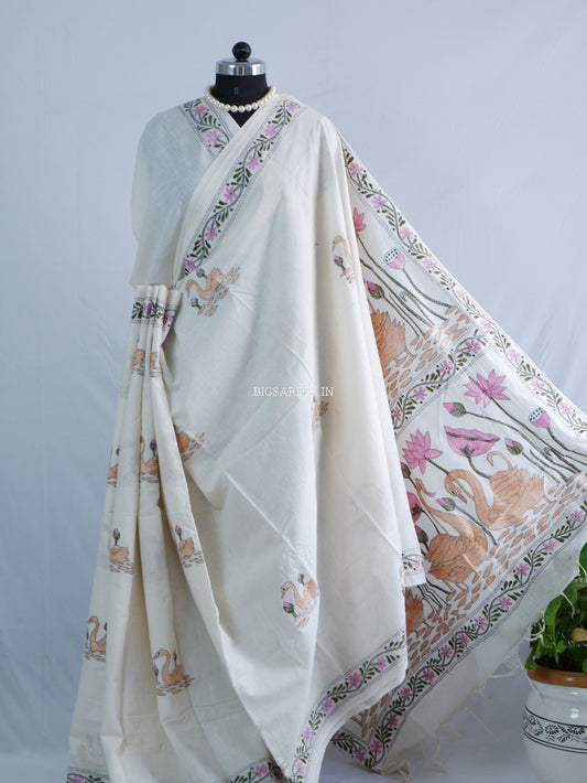 Kantha Stitch Hand-Embroidered Saree | Khadi Cotton | off White