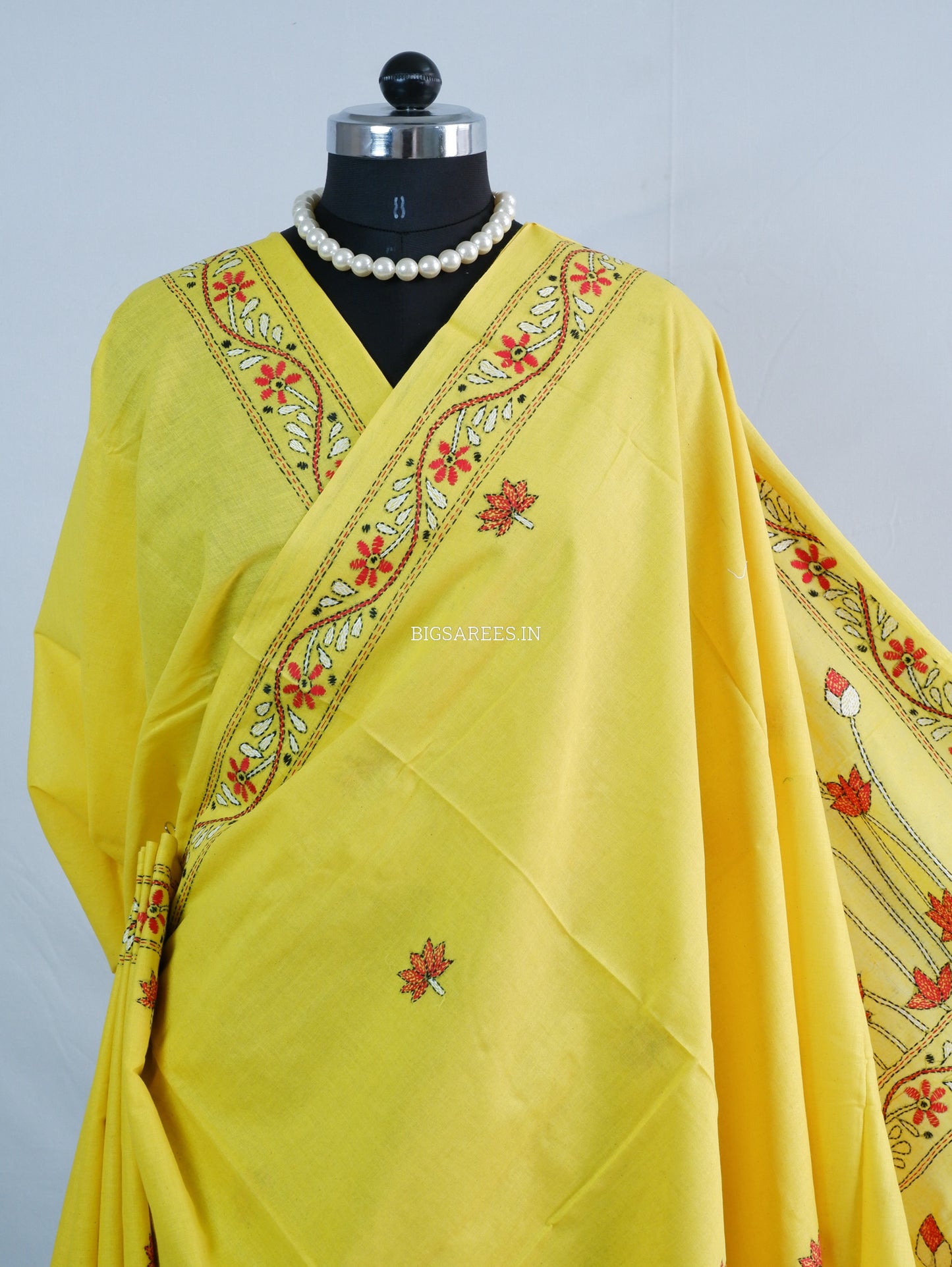 Kantha Hand-Embroidered Saree | Pure Khadi Cotton | Yellow
