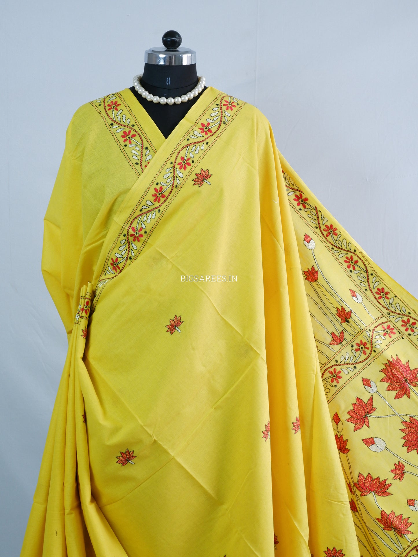 Kantha Hand-Embroidered Saree | Pure Khadi Cotton | Yellow