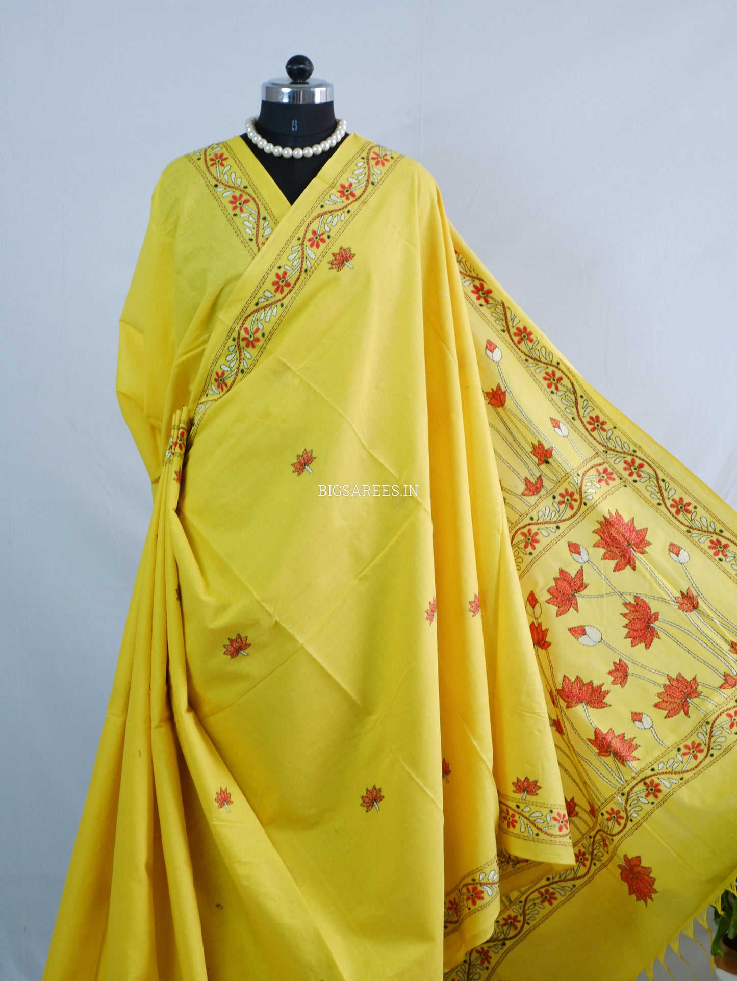 Kantha Hand-Embroidered Saree | Pure Khadi Cotton | Yellow
