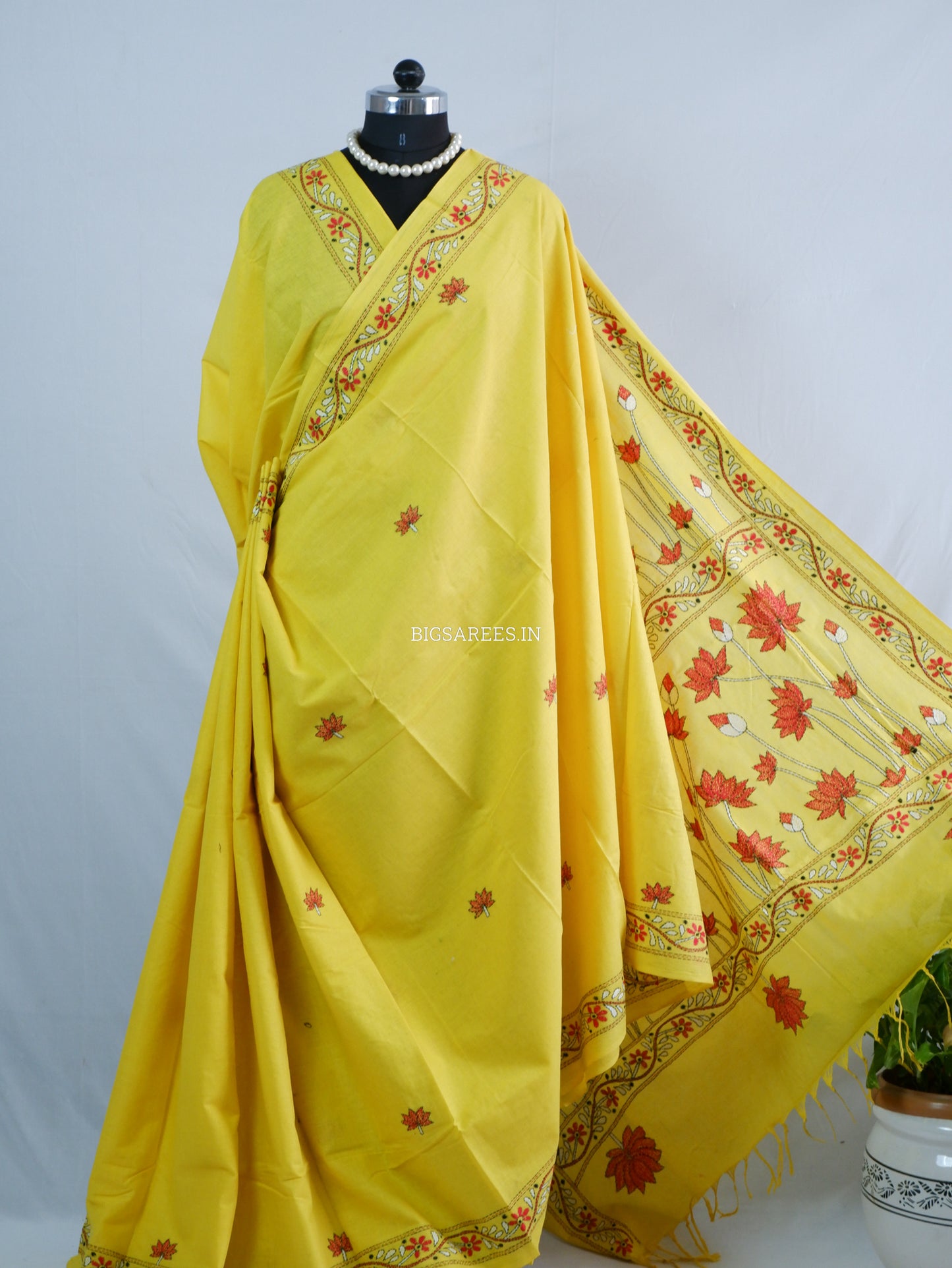 Kantha Hand-Embroidered Saree | Pure Khadi Cotton | Yellow