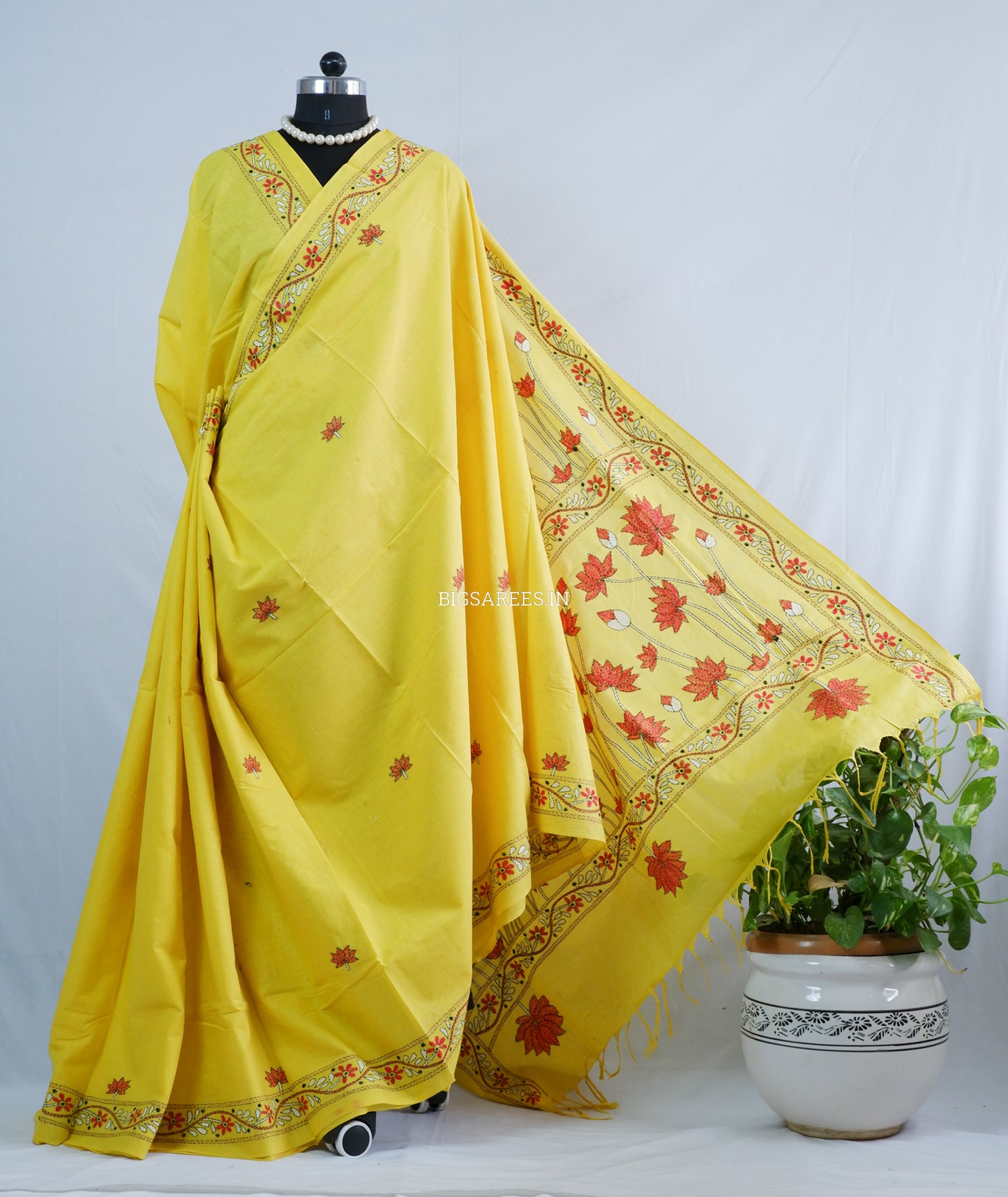Kantha Hand-Embroidered Saree | Pure Khadi Cotton | Yellow
