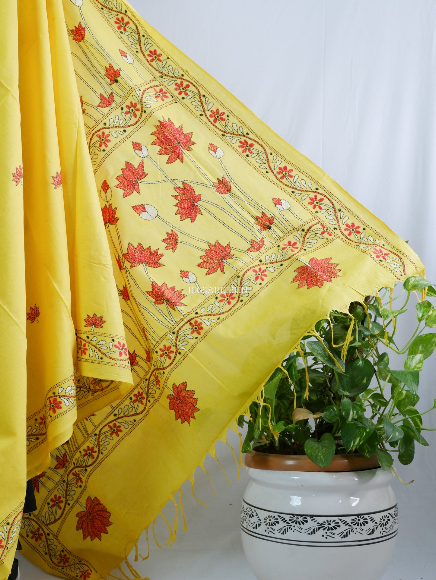 Kantha Hand-Embroidered Saree | Pure Khadi Cotton | Yellow