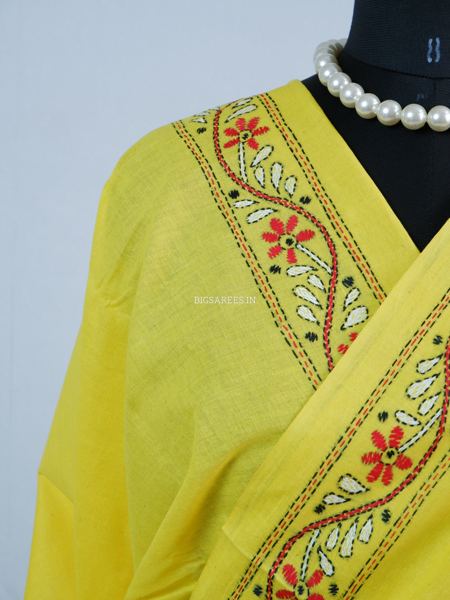 Kantha Hand-Embroidered Saree | Pure Khadi Cotton | Yellow