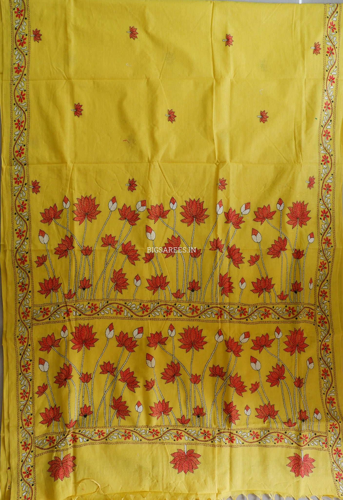 Kantha Hand-Embroidered Saree | Pure Khadi Cotton | Yellow